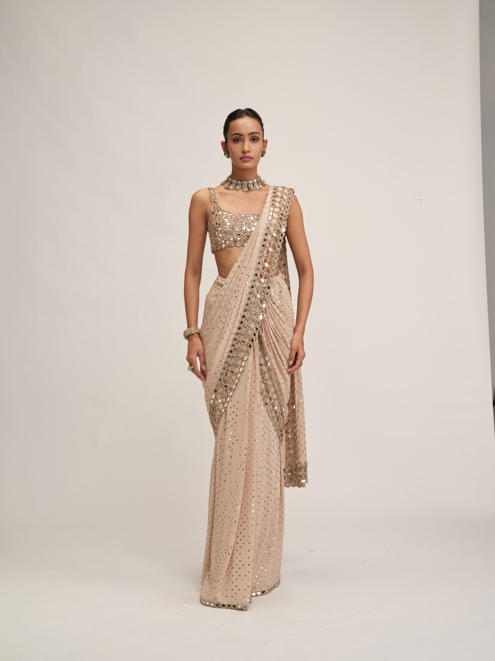 Light Beige Round Neck Cutwork Border Saree Set 1