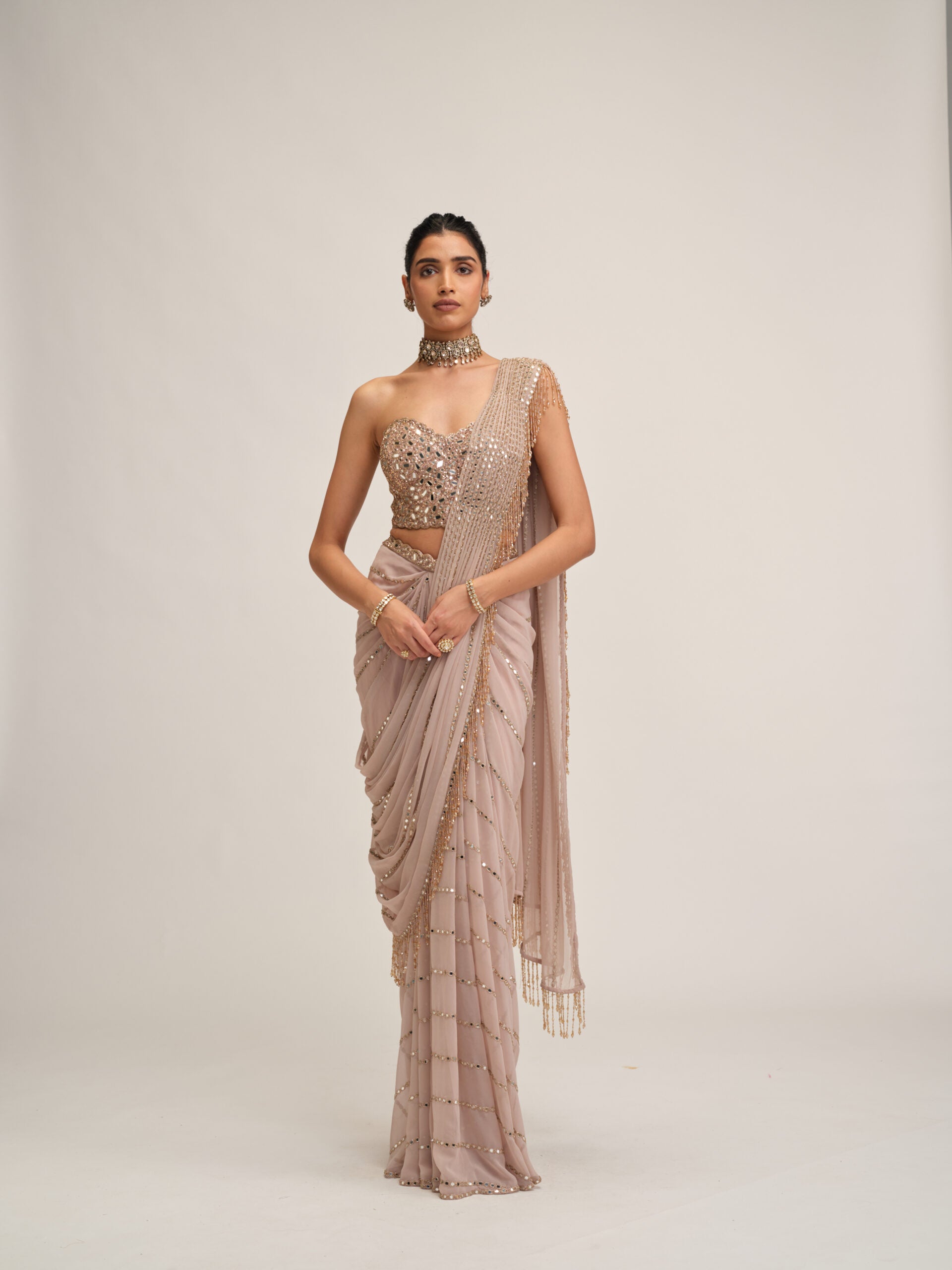 Ash Pink Linear Mirror Saree Set 1