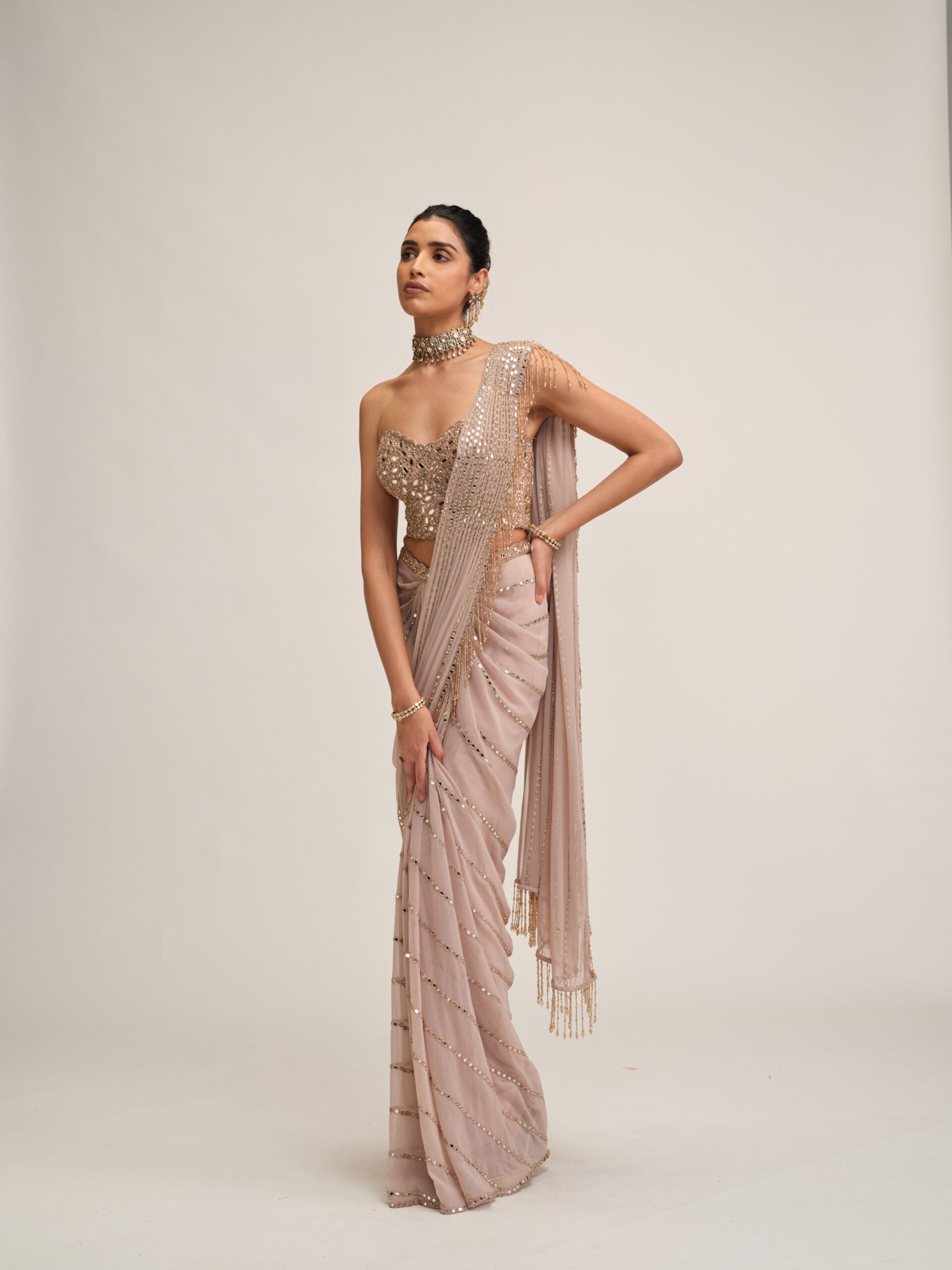 Ash Pink Linear Mirror Saree Set 3