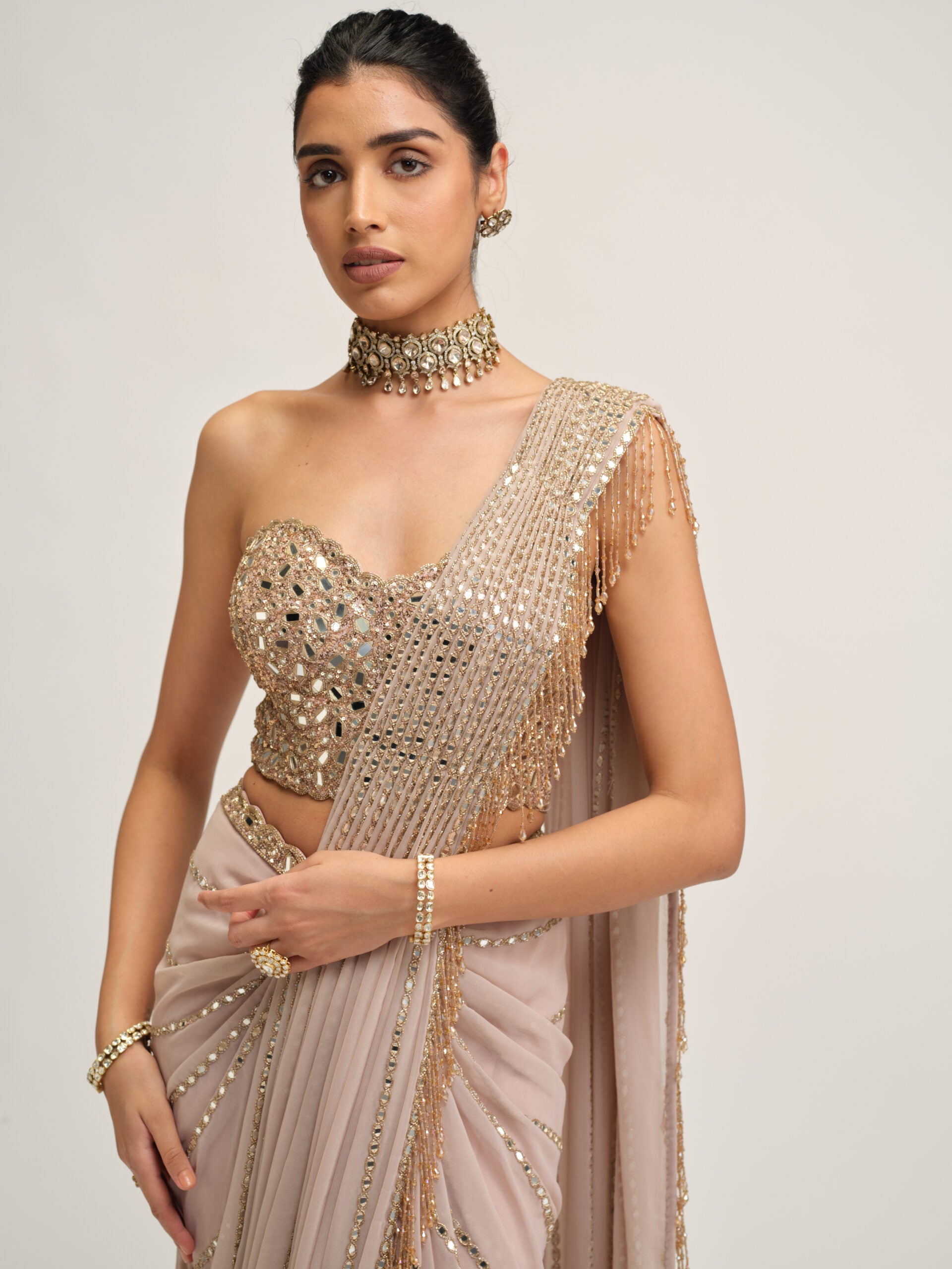 Ash Pink Linear Mirror Saree Set 2