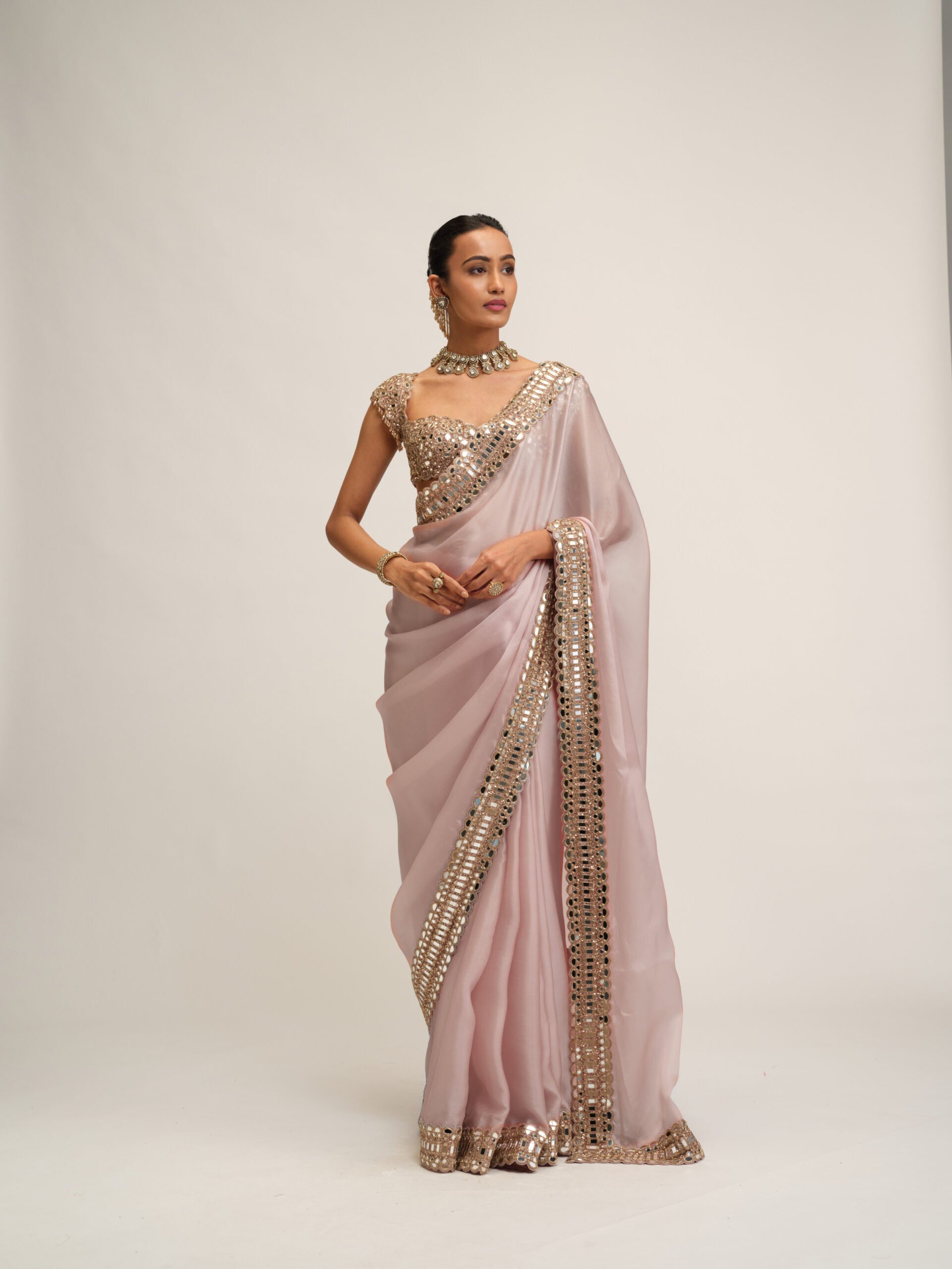 Ash Pink Satin Organza Saree Set 1
