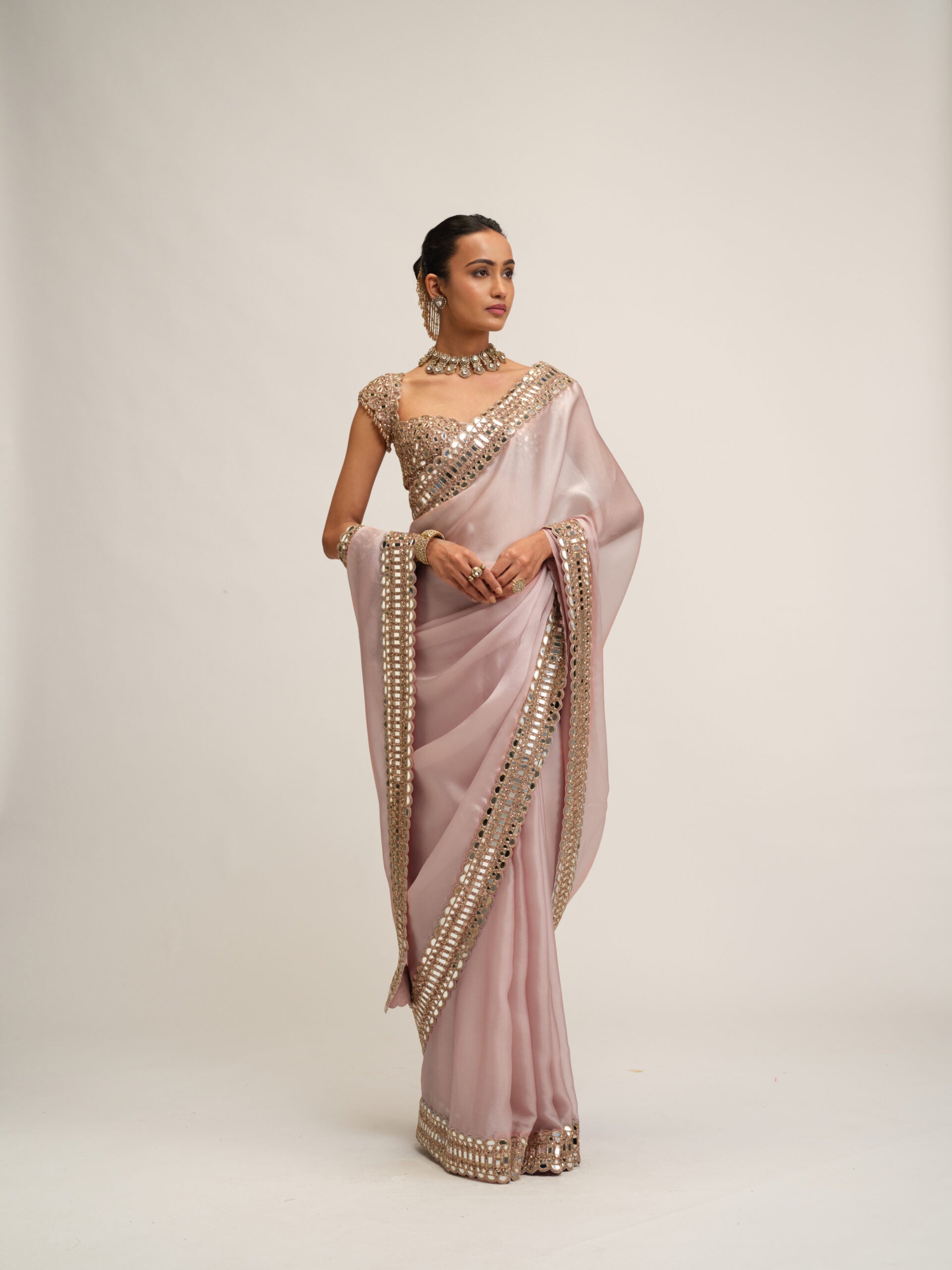 Ash Pink Satin Organza Saree Set 5