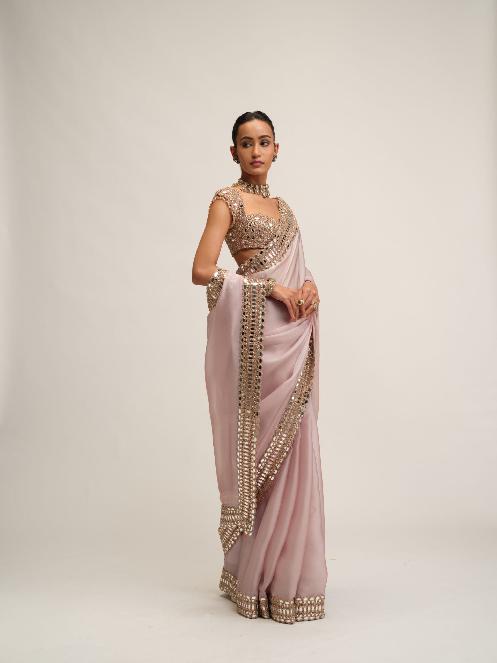 Ash Pink Satin Organza Saree Set 4