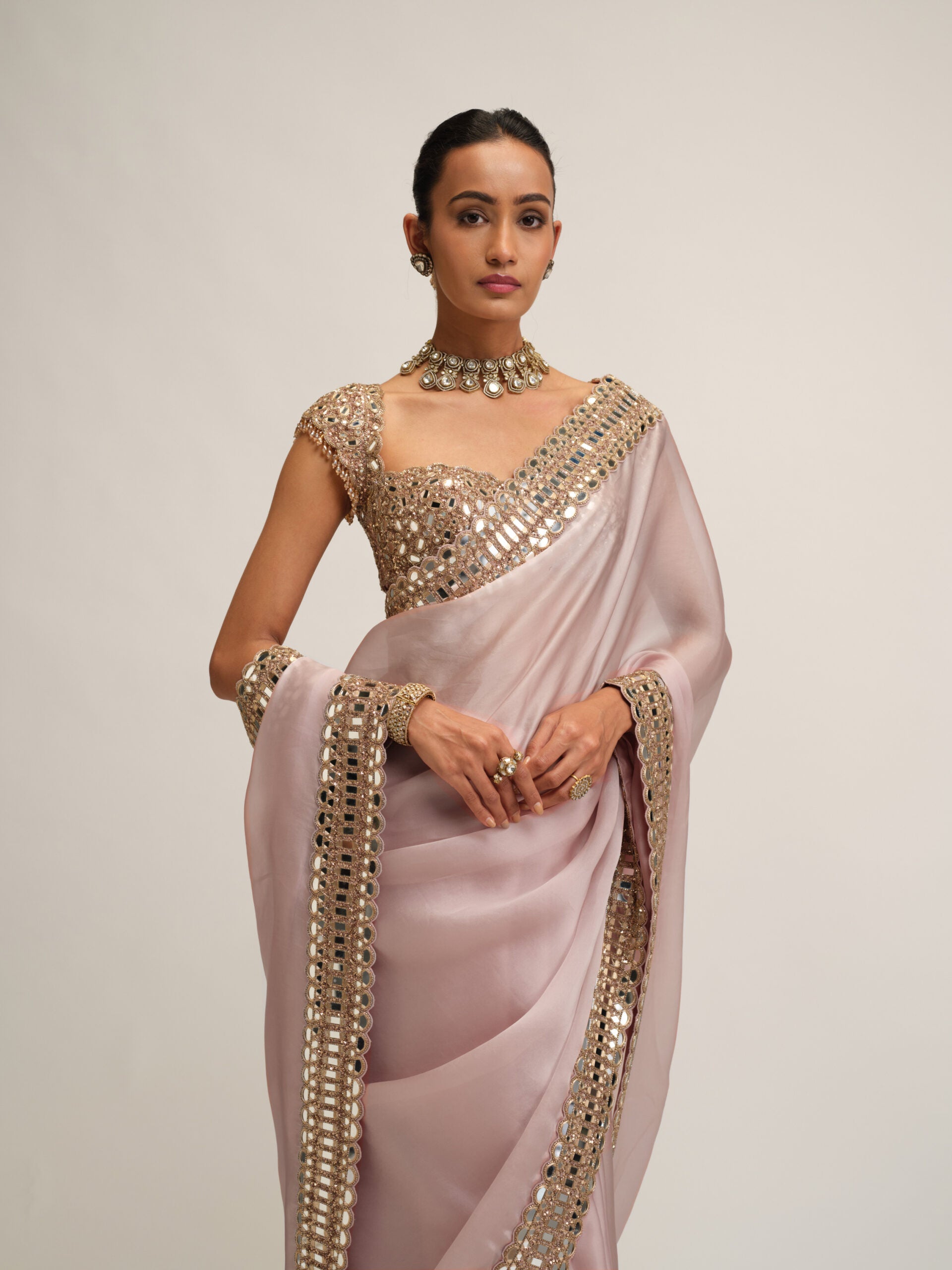 Ash Pink Satin Organza Saree Set 3