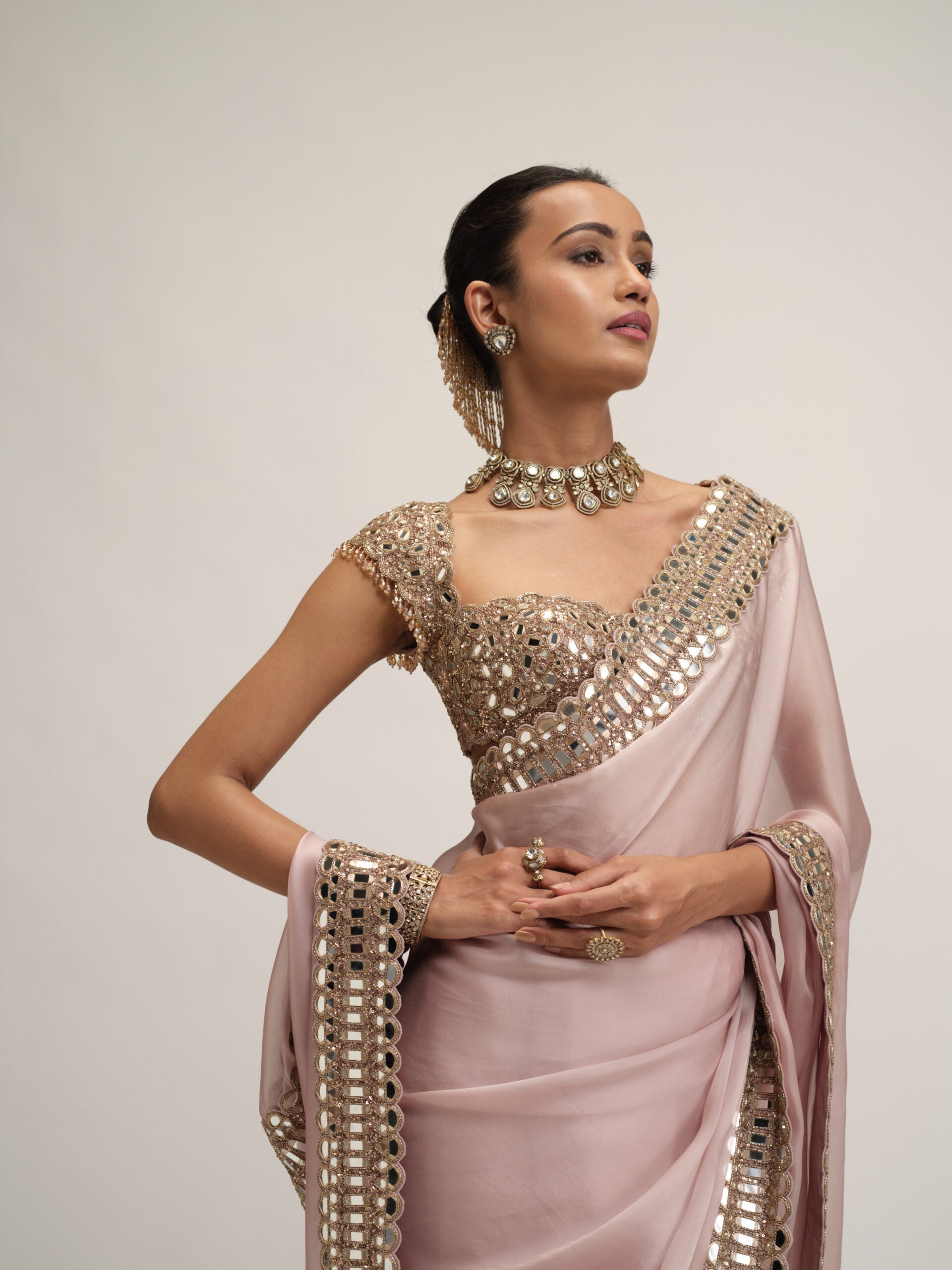Ash Pink Satin Organza Saree Set 2