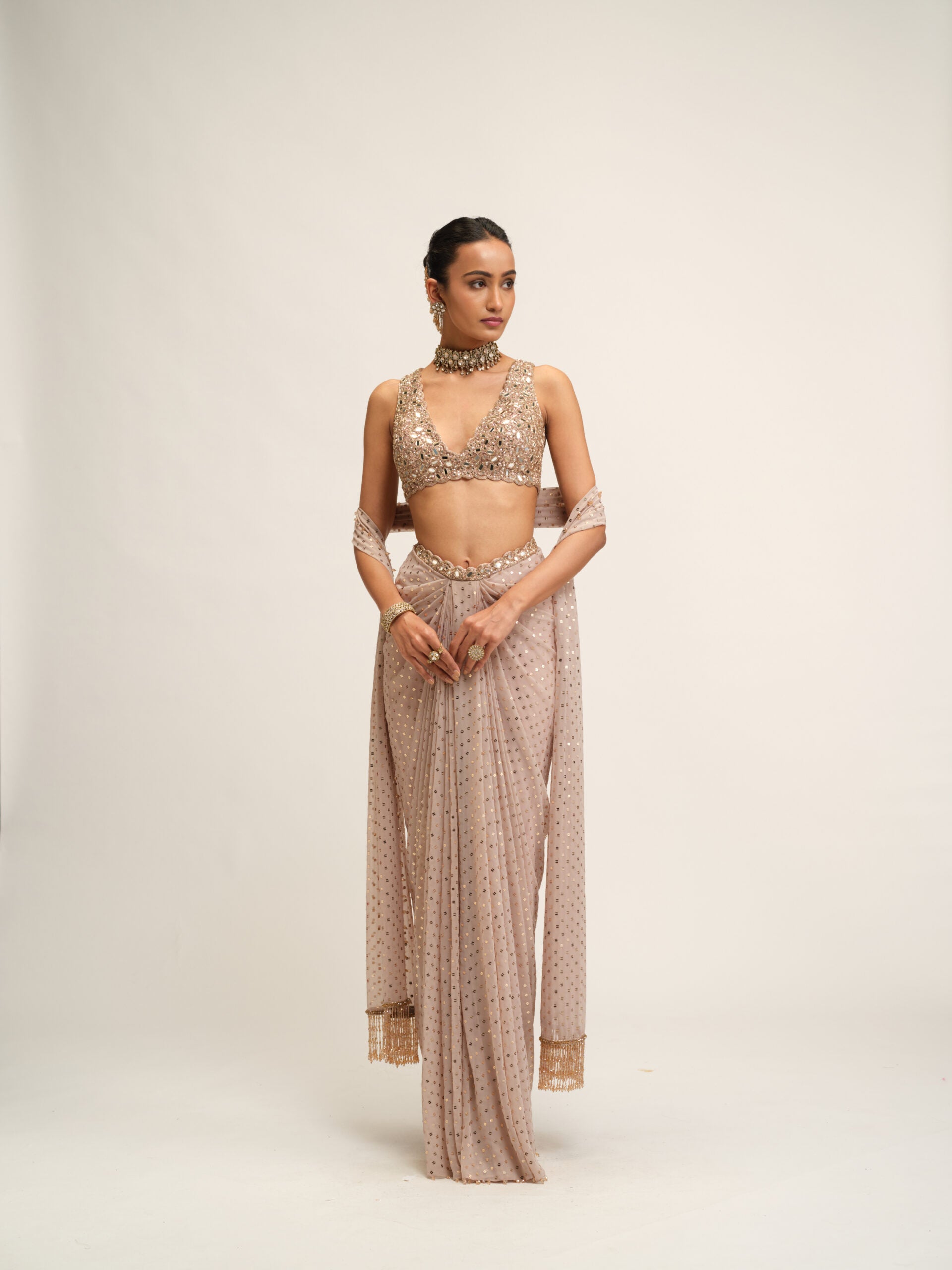 Ash Pink Draped Skirt With V Neck Blouse Set 1