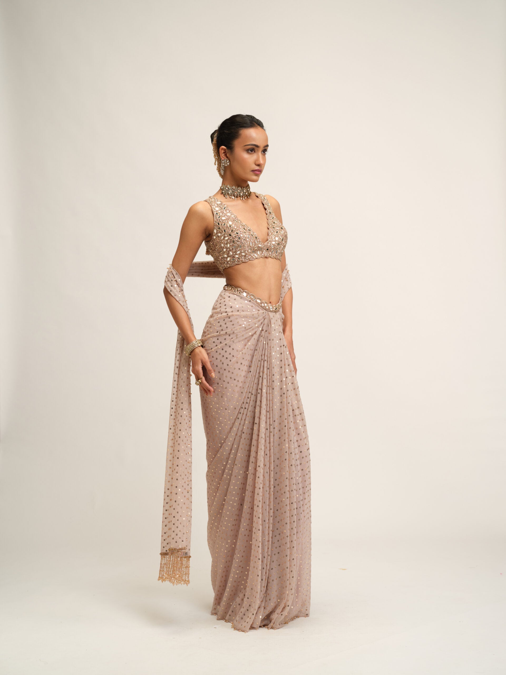 Ash Pink Draped Skirt With V Neck Blouse Set 3