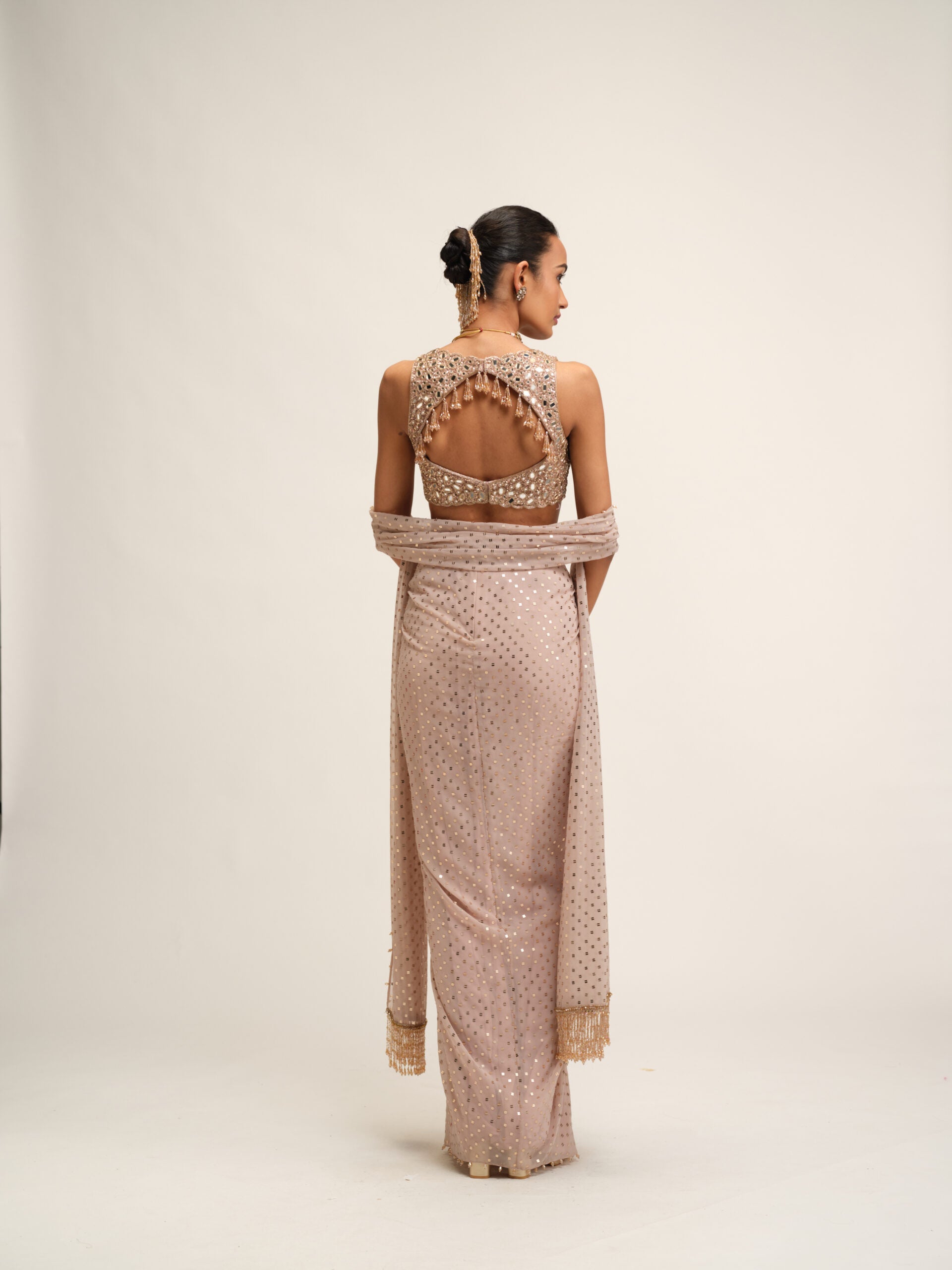 Ash Pink Draped Skirt With V Neck Blouse Set 4
