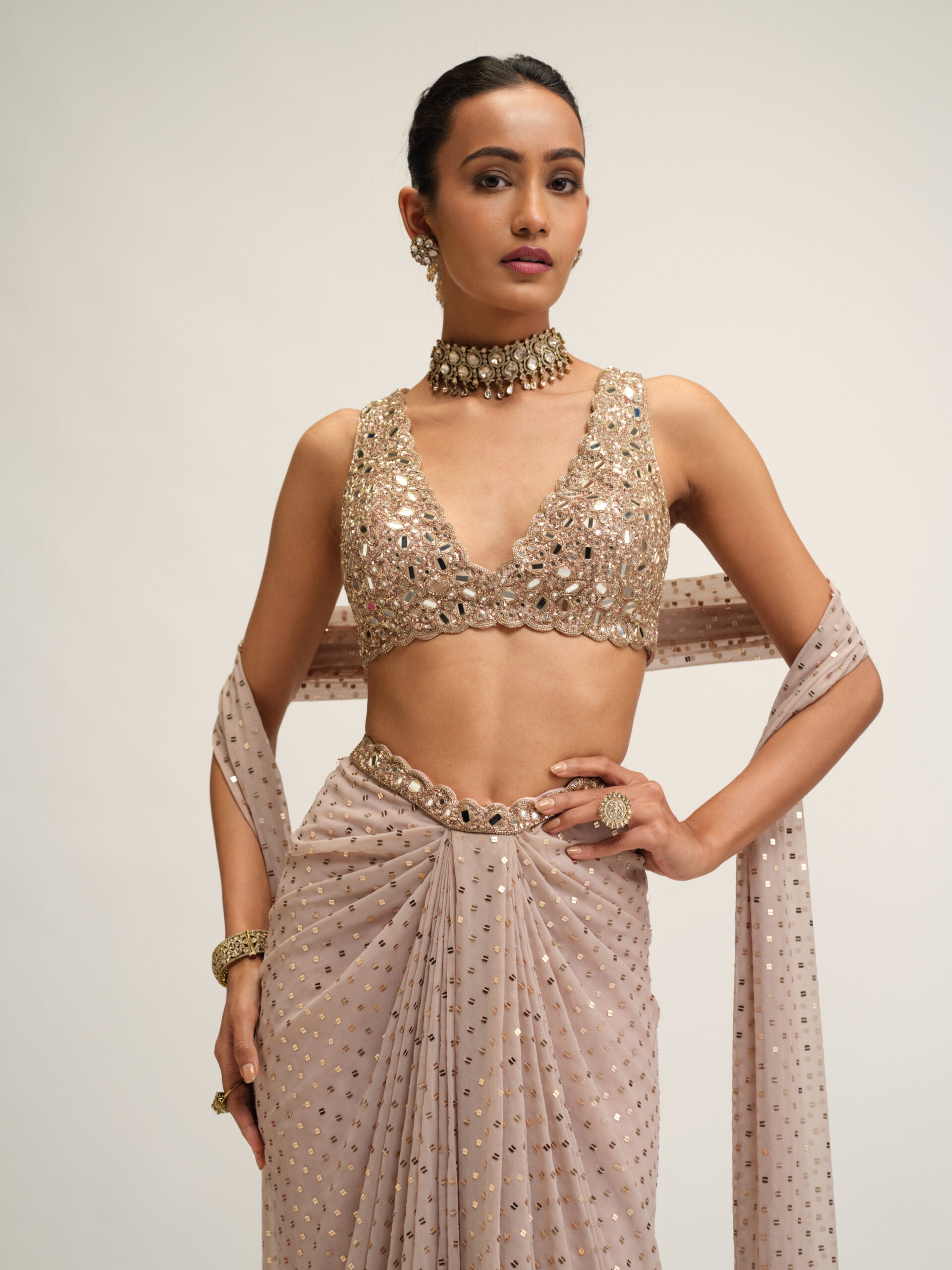 Ash Pink Draped Skirt With V Neck Blouse Set 2
