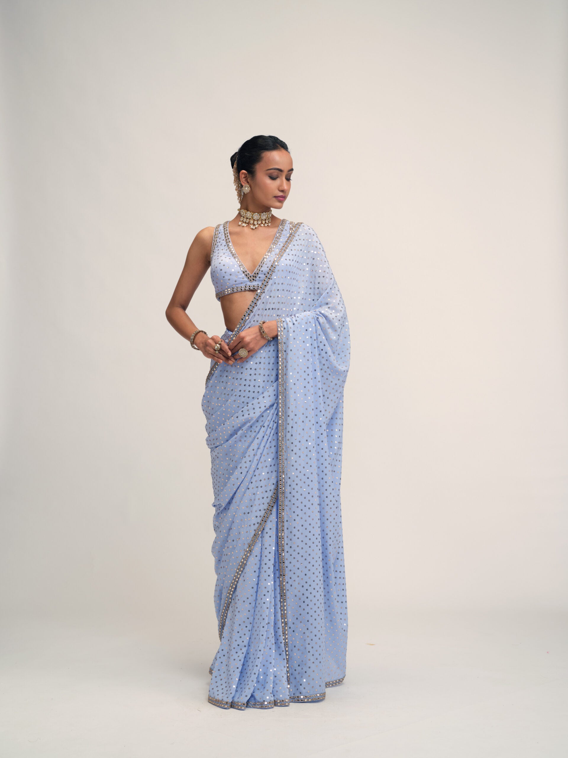 Dew Blue Sequins Embroidered Saree Set 4