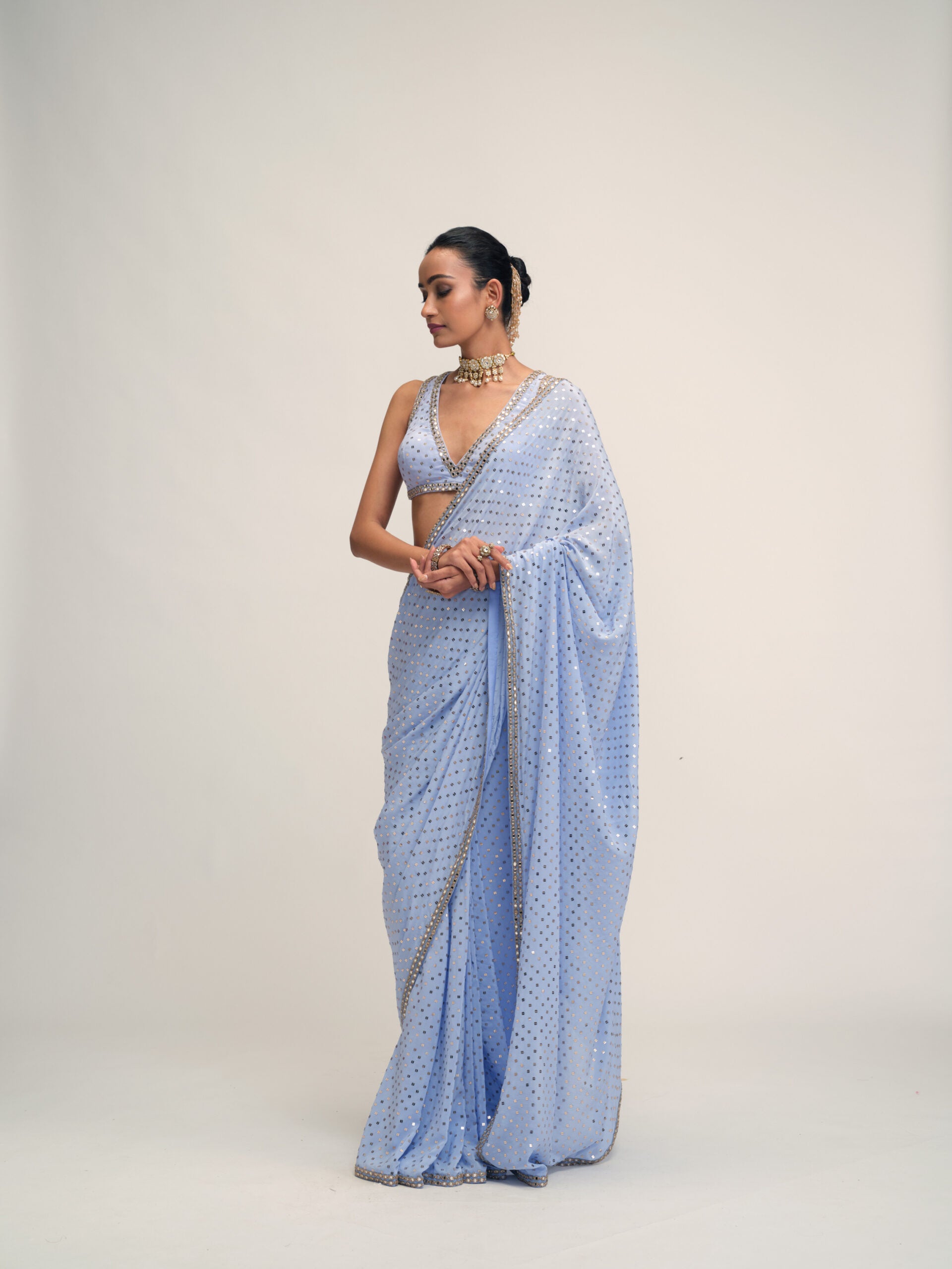 Dew Blue Sequins Embroidered Saree Set 3