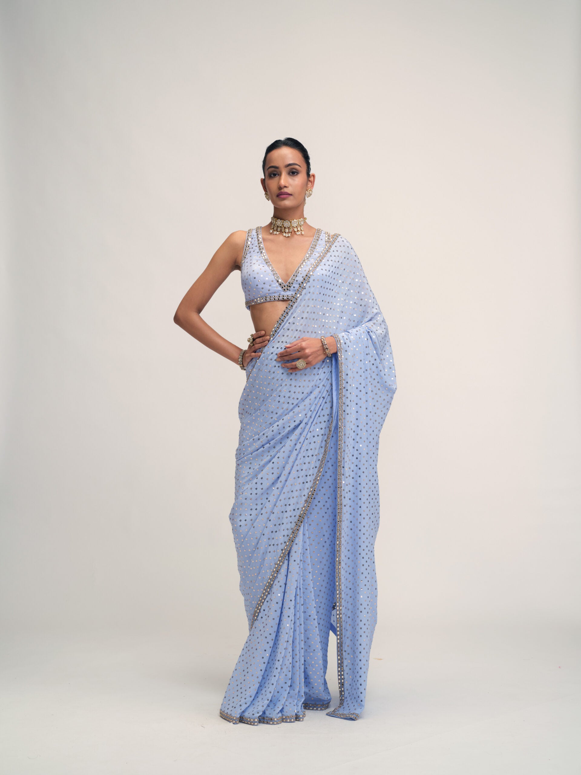 Dew Blue Sequins Embroidered Saree Set 1