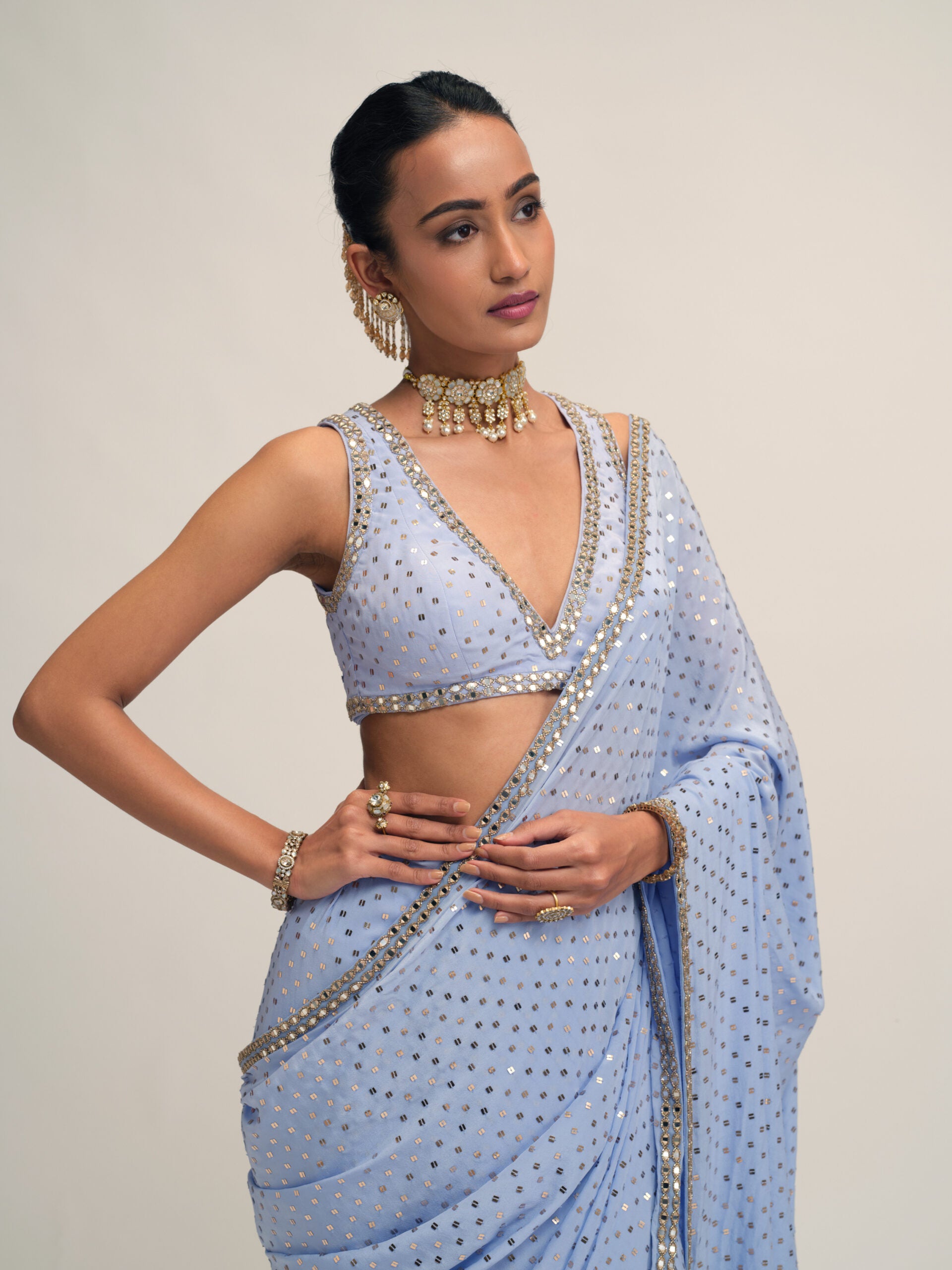 Dew Blue Sequins Embroidered Saree Set 2