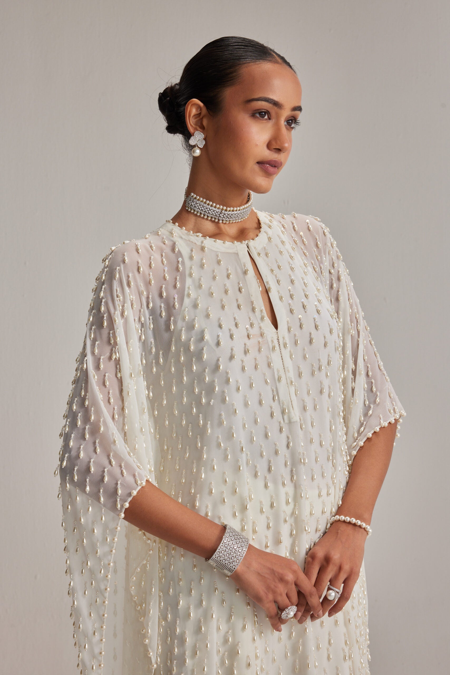 Off White Pearl Drop Kaftaan set