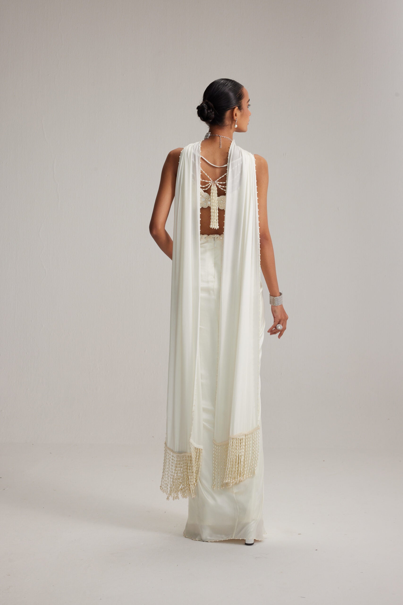 Off White Satin Draped Skirt Set