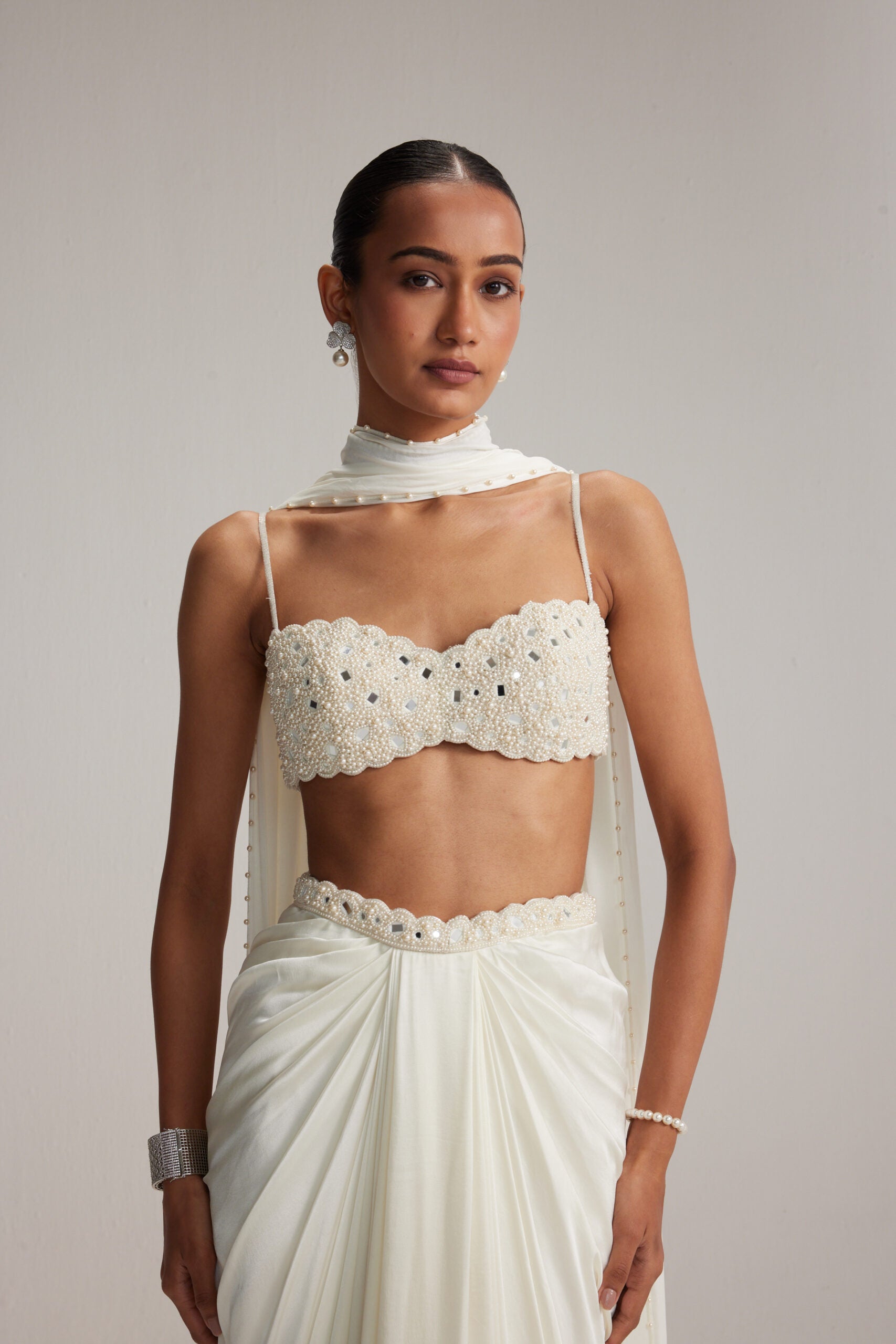 Off White Satin Draped Skirt Set