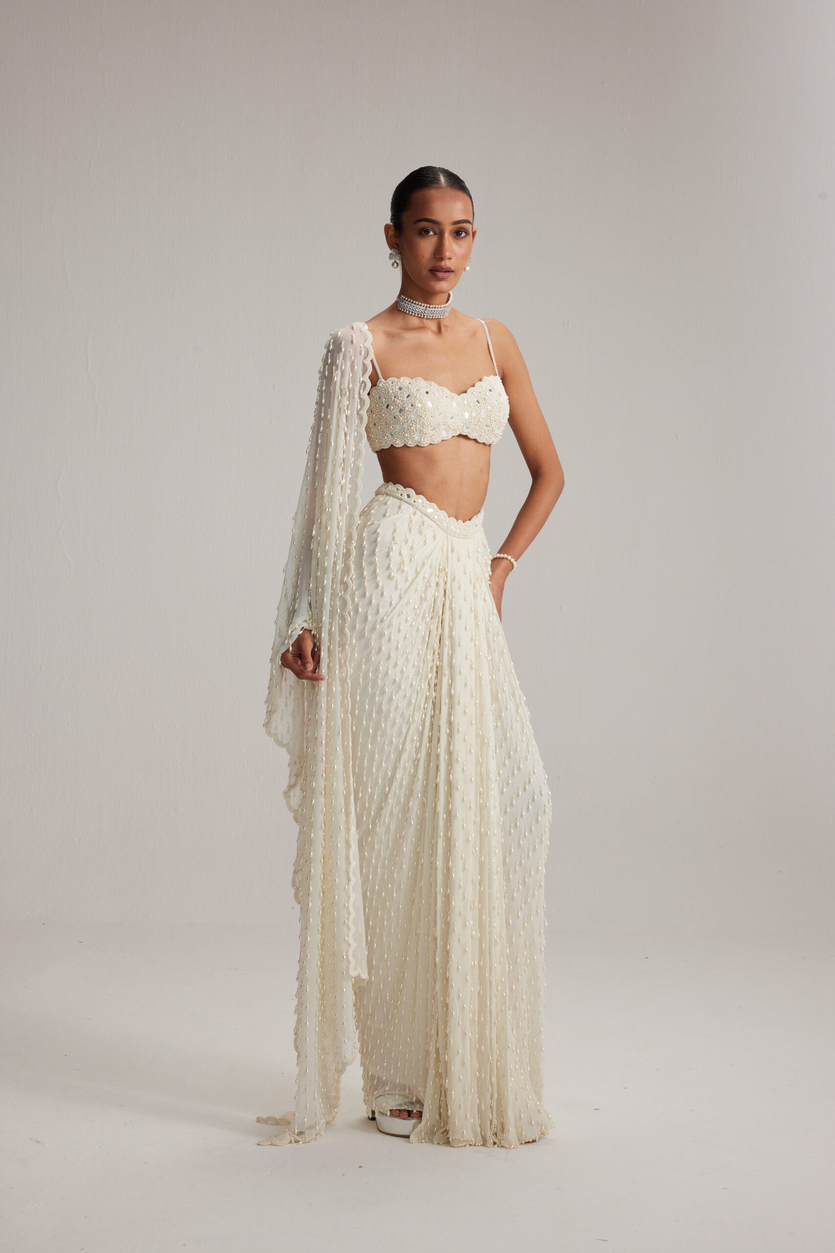 Off White Dense Drop Draped Skirt set