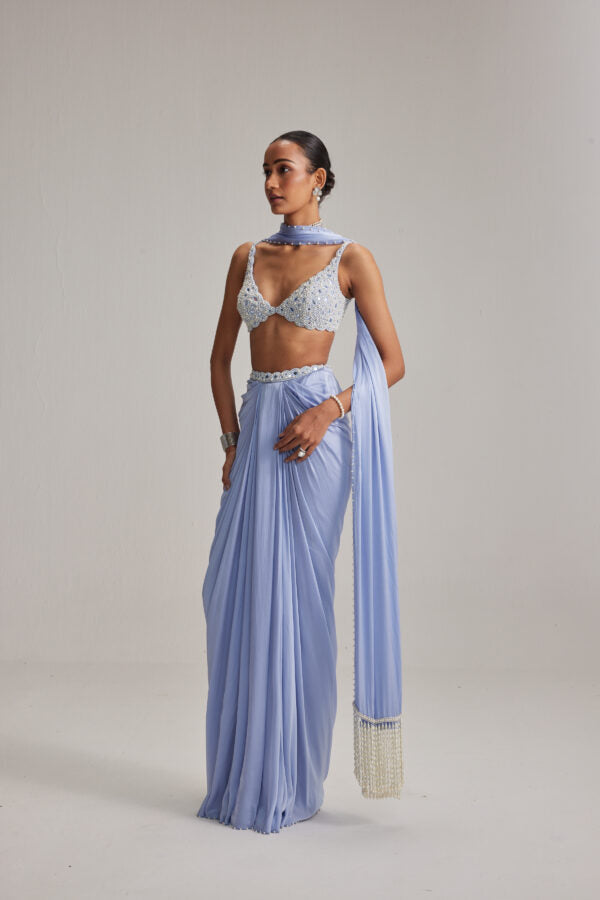 Dew Blue Satin draped skirt Set