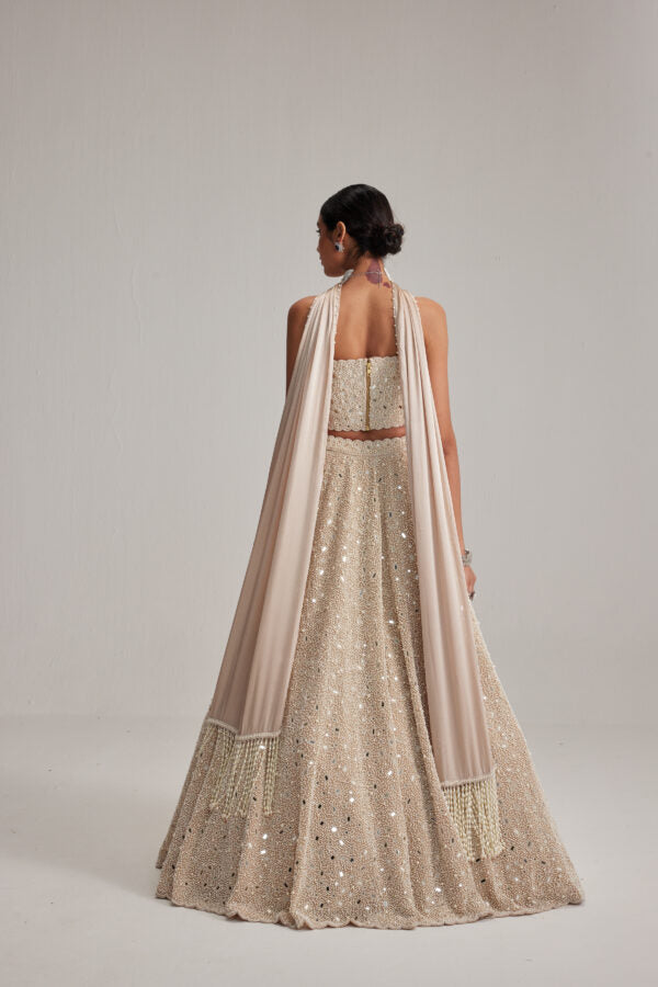 Light Beige Dense mirror and pearl Corset lehenga set With Stole