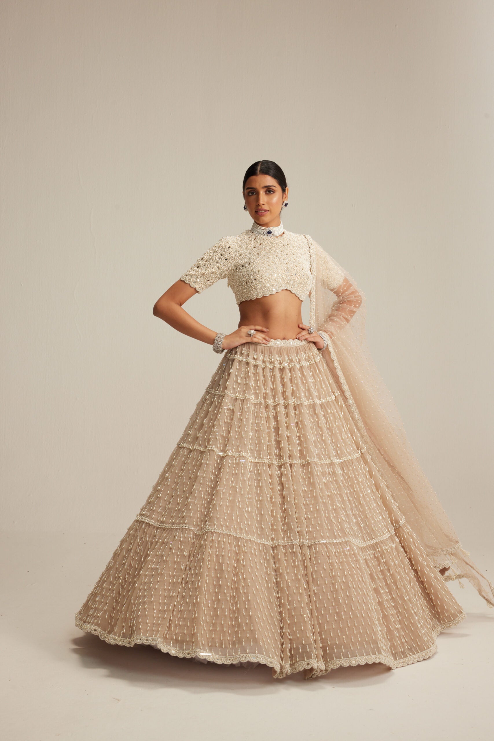 Light Beige Pearl Drop Lehenga with High Neck Blouse