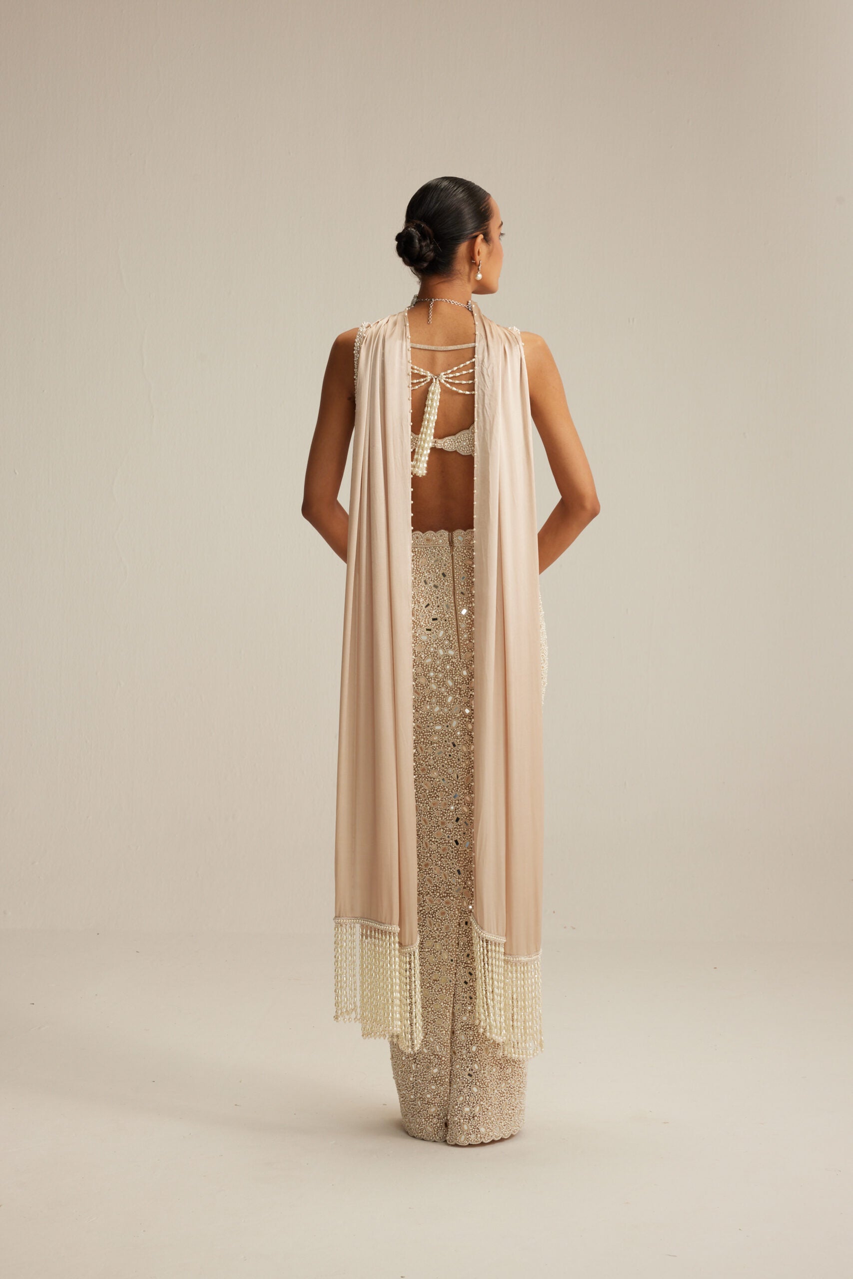 Light Beige Dense Pearl and Mirror Pencil Skirt with V Neck Blouse