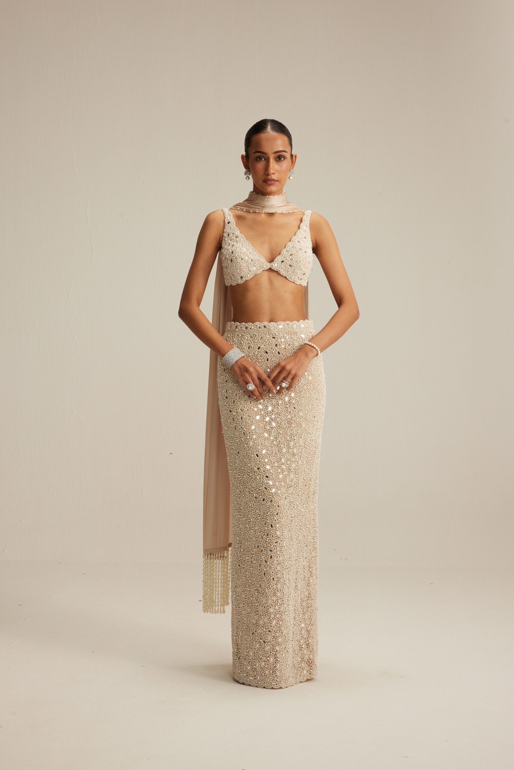 Light Beige Dense Pearl and Mirror Pencil Skirt with V Neck Blouse