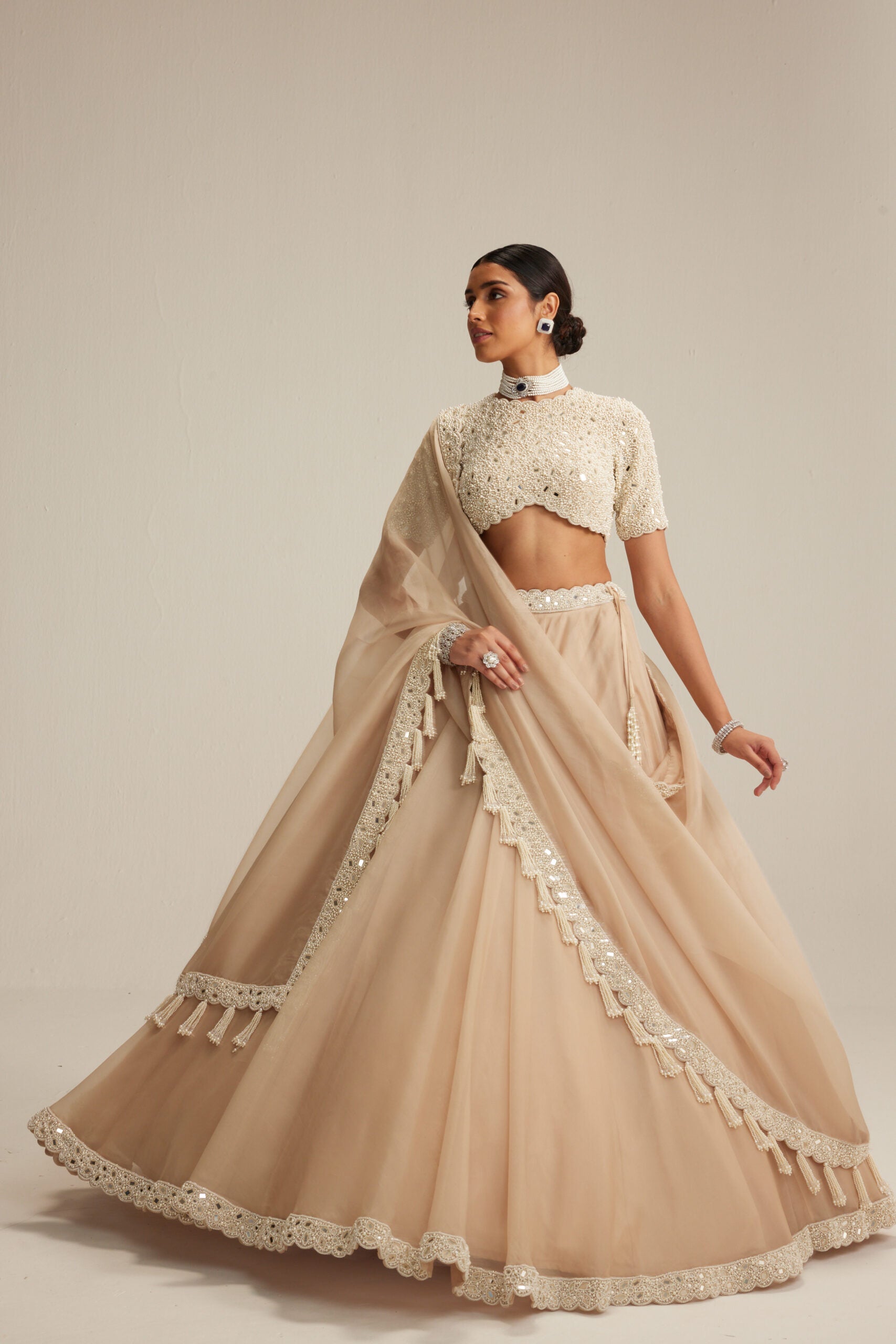Light Beige Organza Lehenga Set with High Neck Blouse