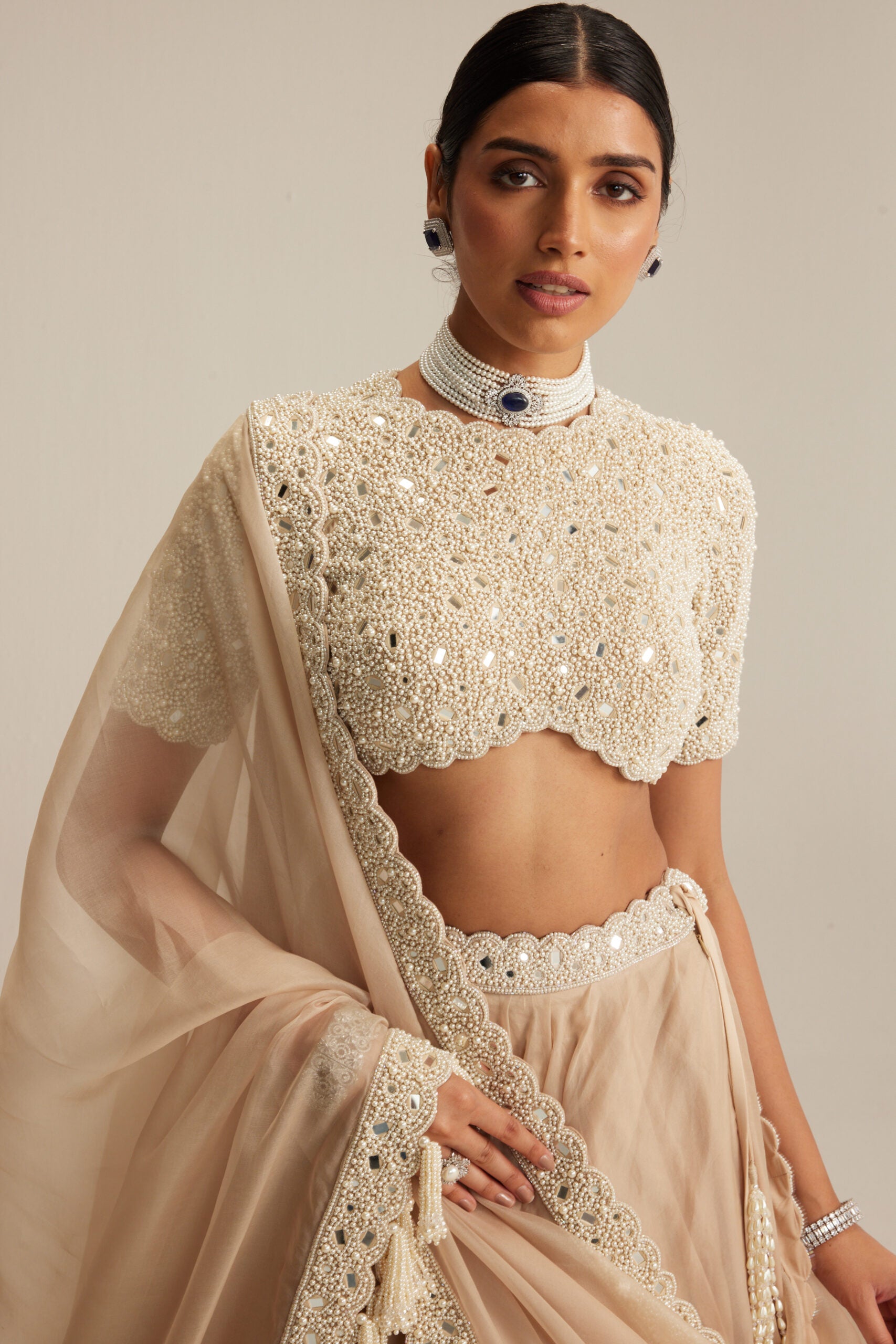 Light Beige Organza Lehenga Set with High Neck Blouse