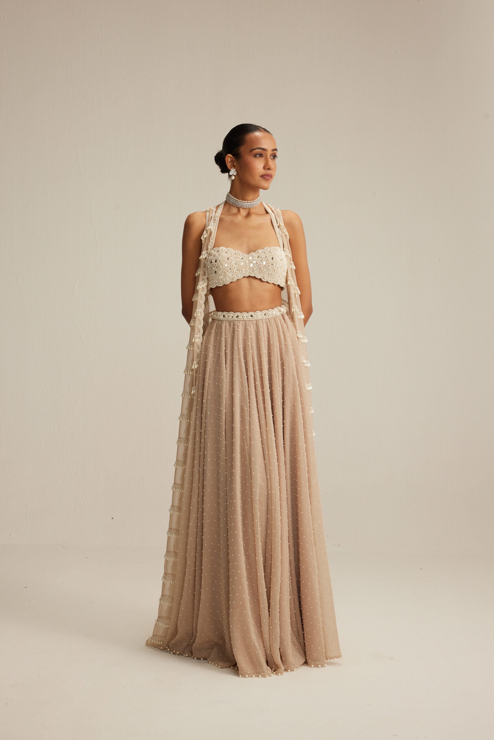 Light Beige Linear Pearl Drop Jacket Skirt Set