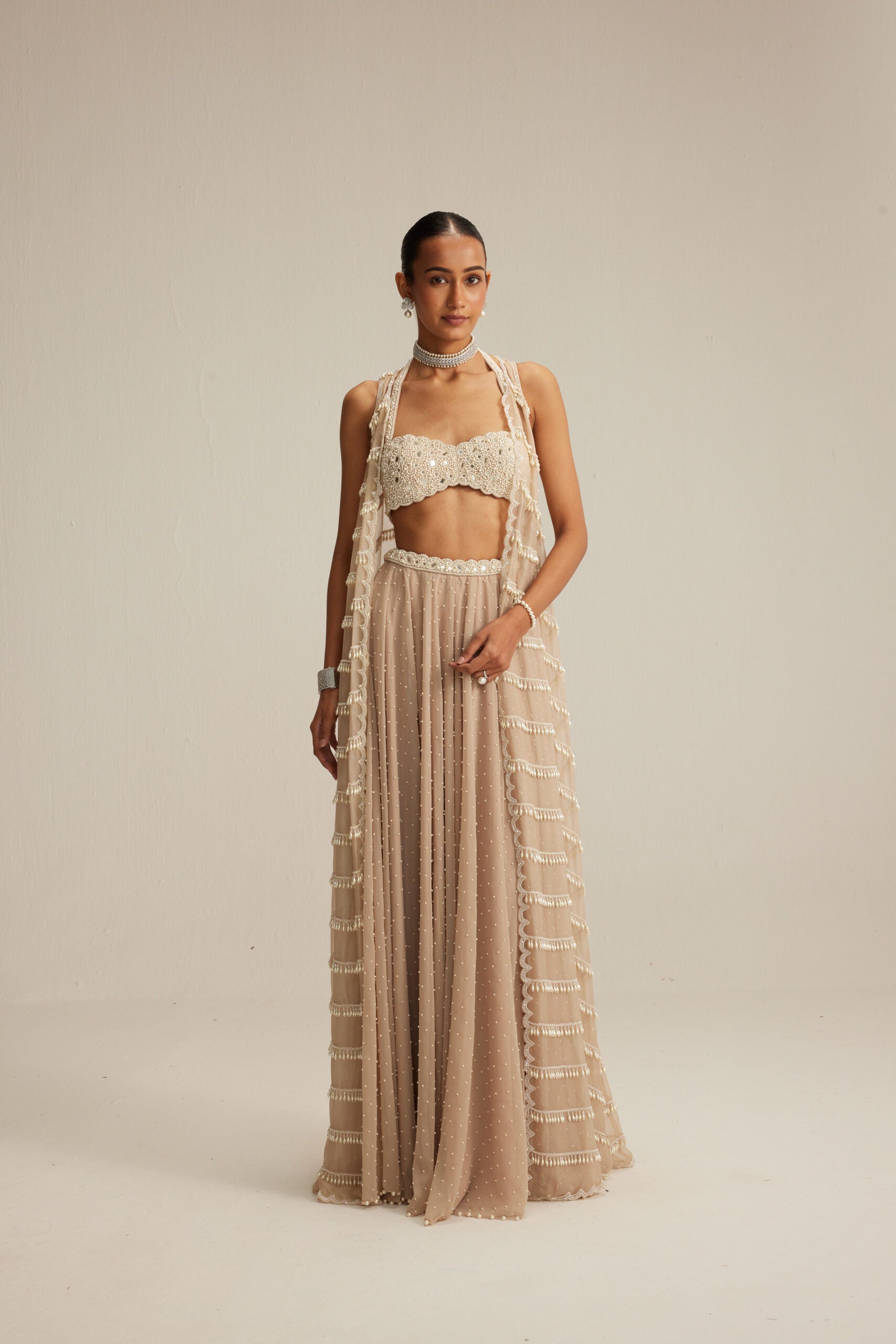 Light Beige Linear Pearl Drop Jacket Skirt Set