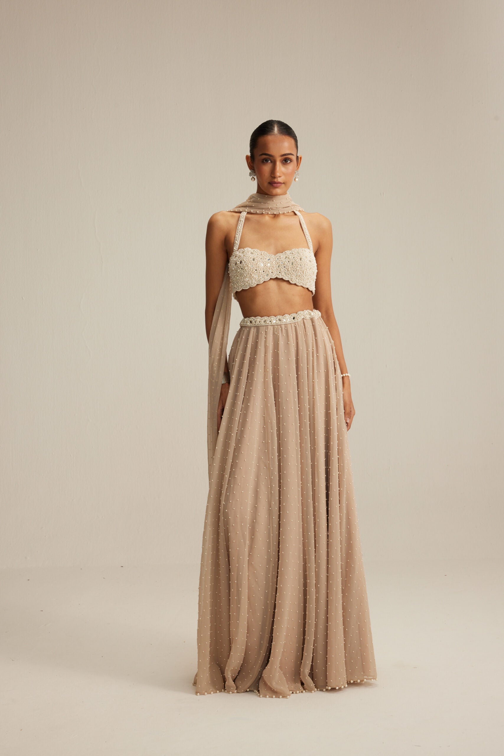 Light Beige Pearl Scattered Skirt with Halter neck Blouse