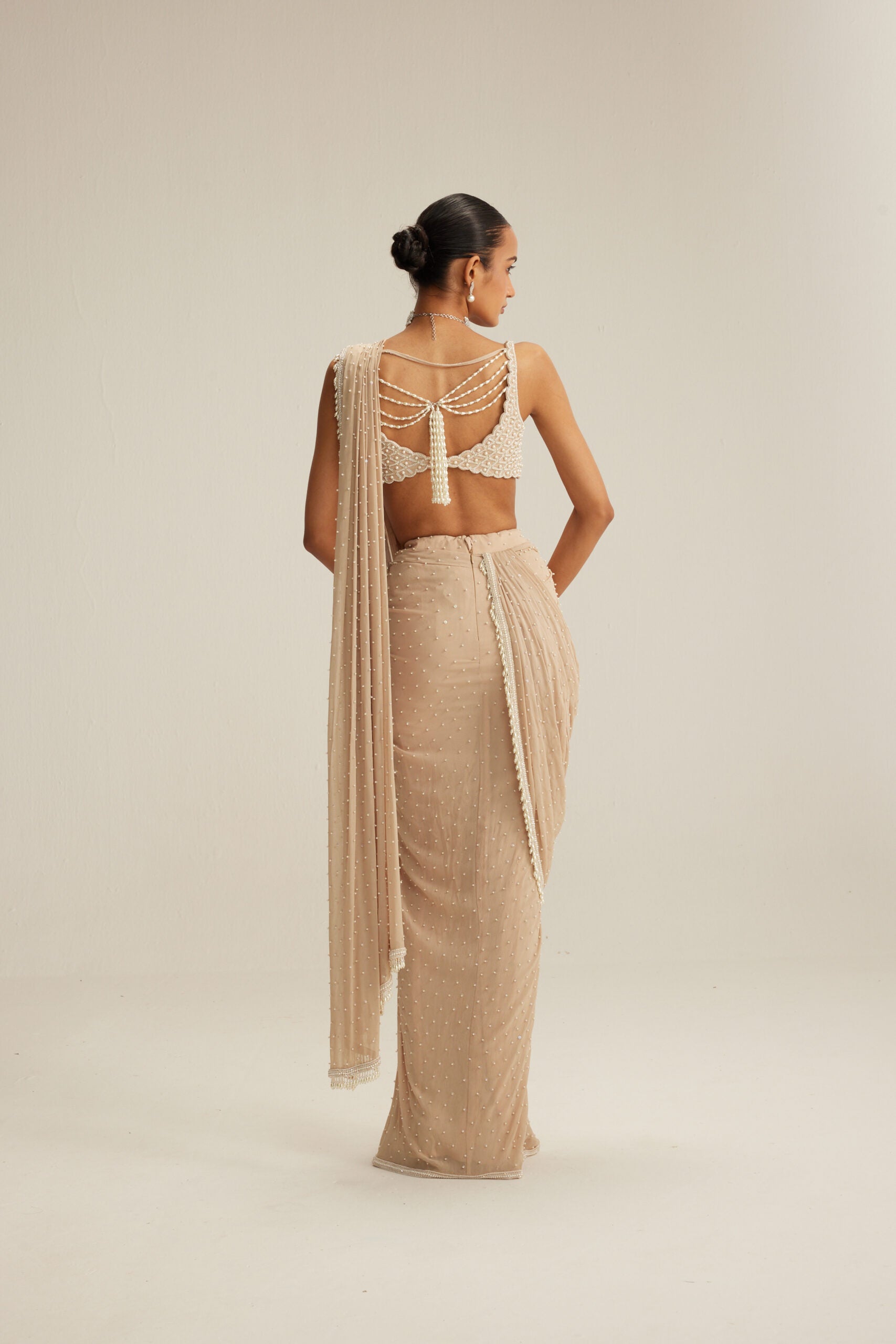 Light Beige Scattered Pearls draped saree set