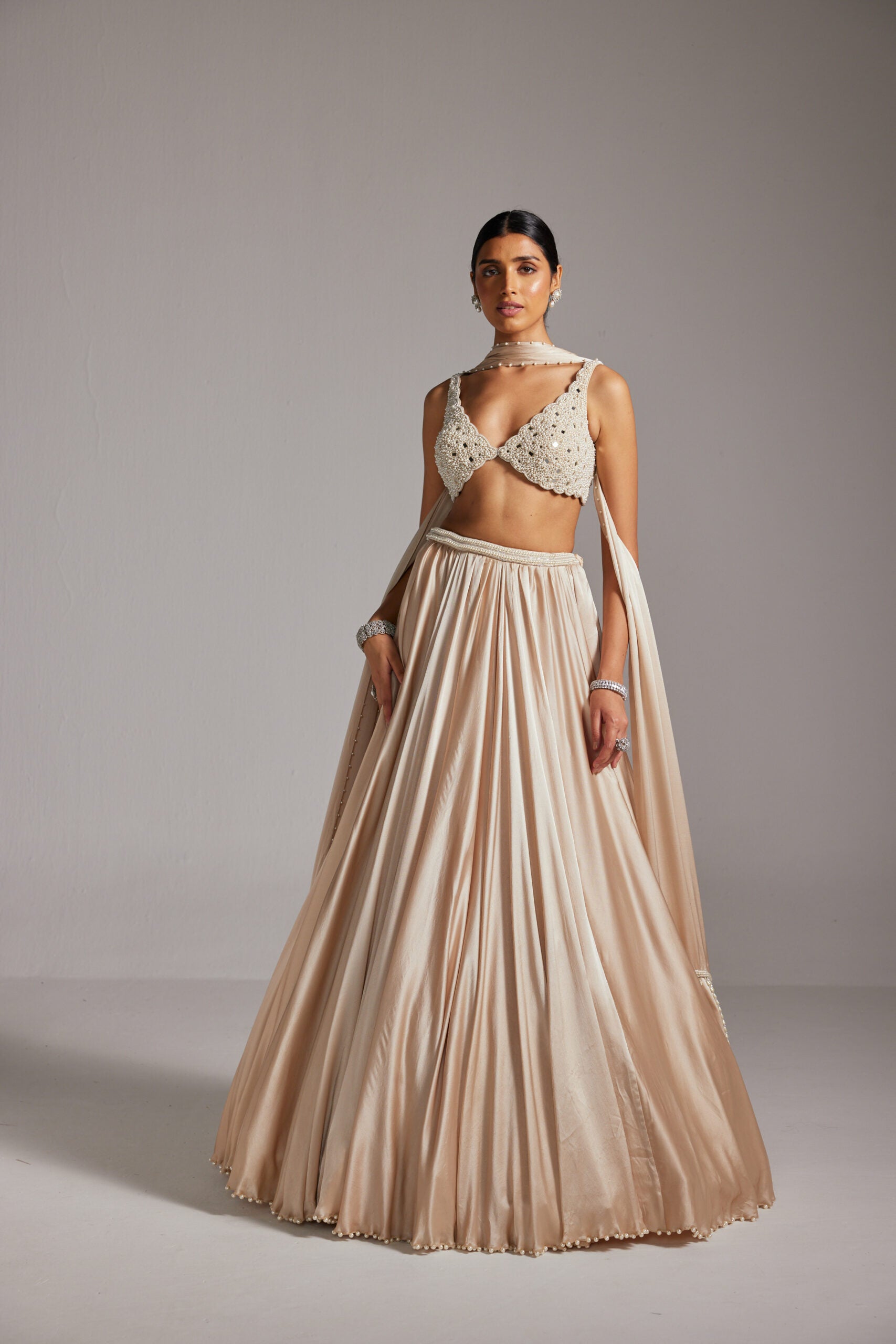 Light Beige V neck Satin Lehenga Set