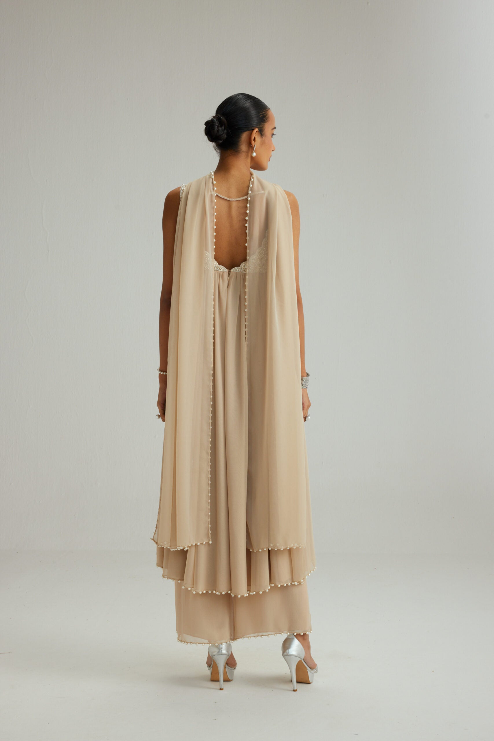 Light Beige Mirror and Pearl Asymmetrical Kurta set