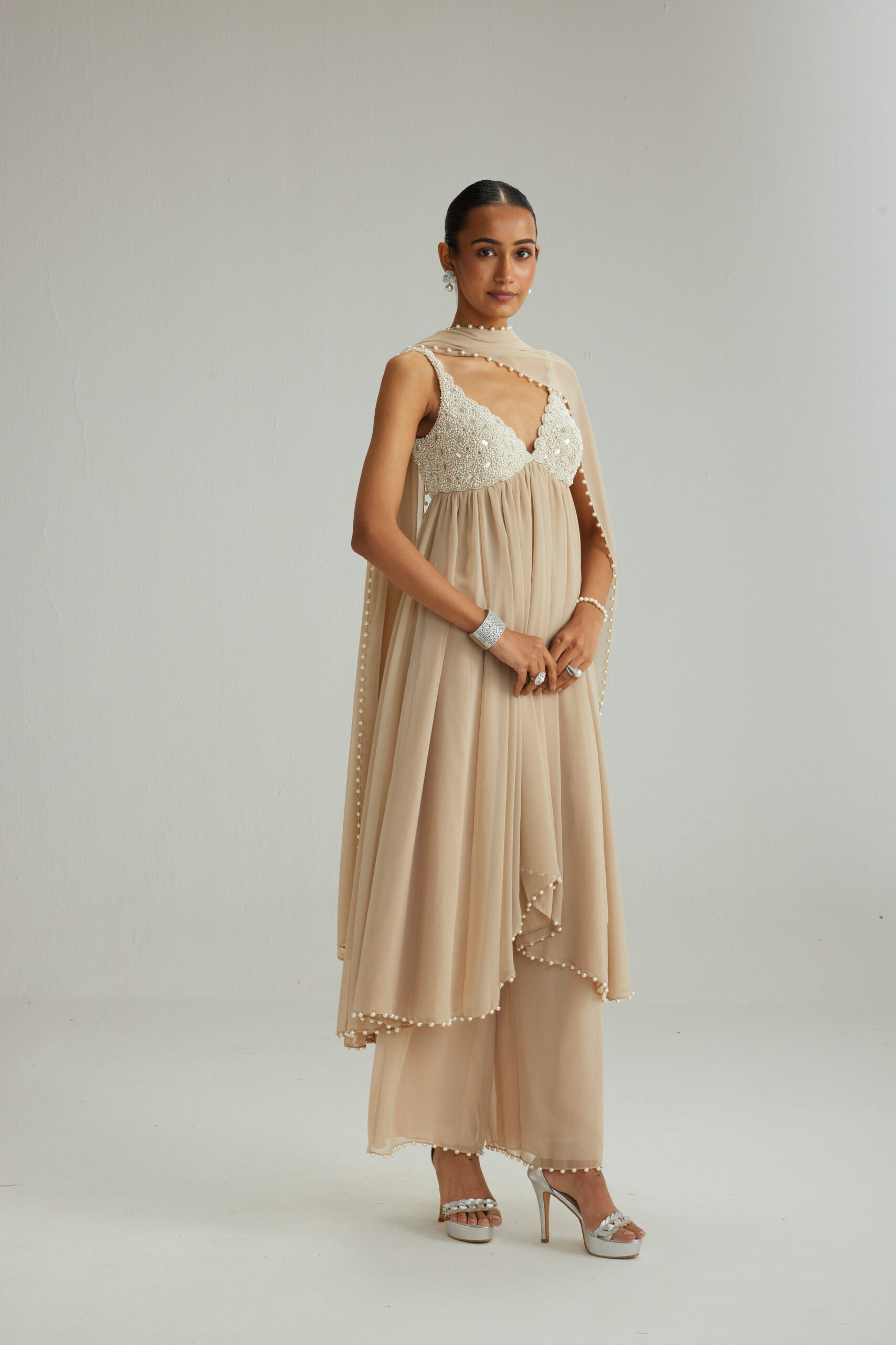Light Beige Mirror and Pearl Asymmetrical Kurta set