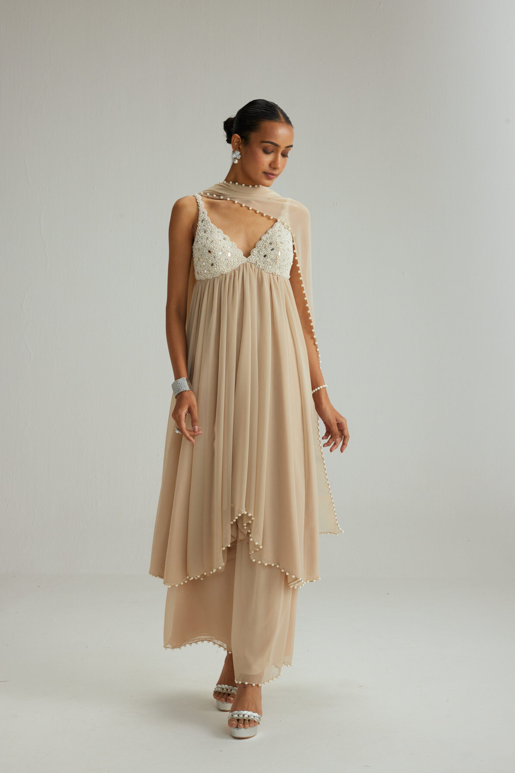 Light Beige Mirror and Pearl Asymmetrical Kurta set