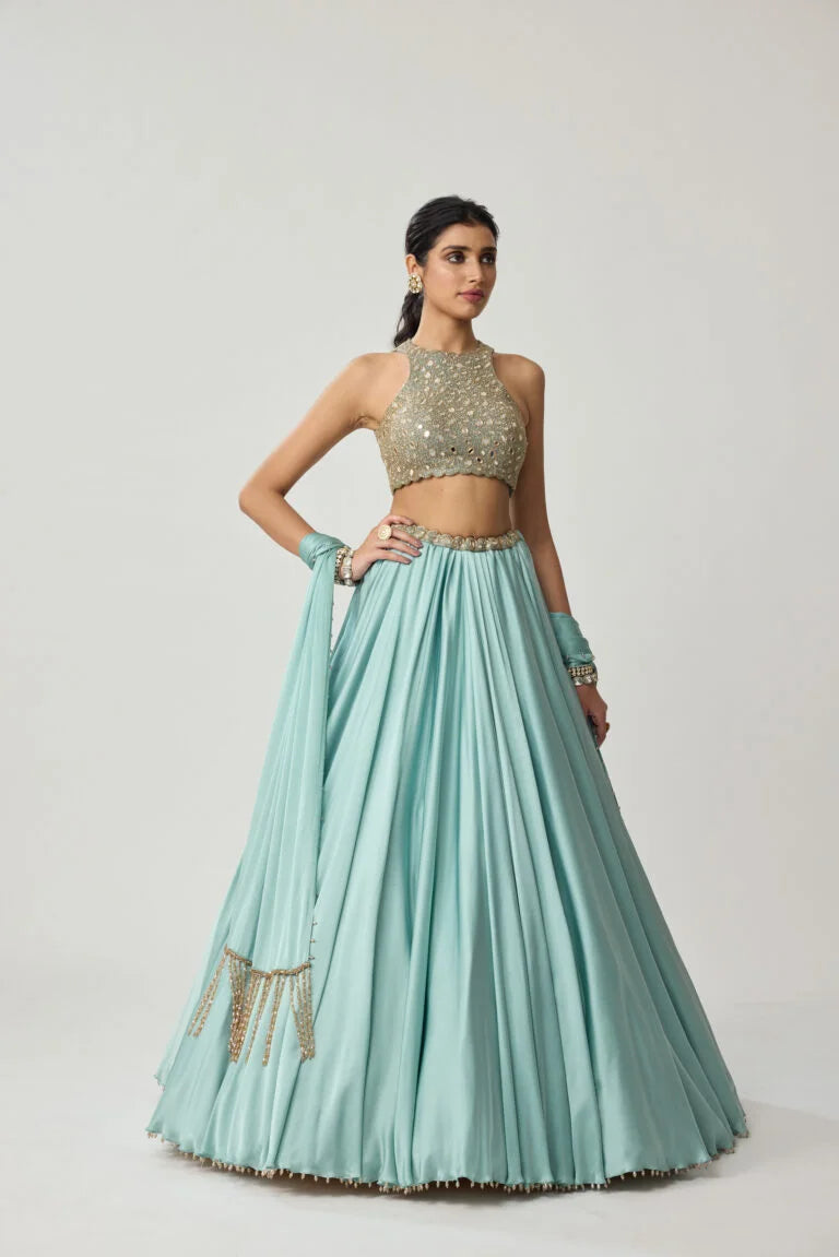Powder Blue Mirror Satin Skirt Set