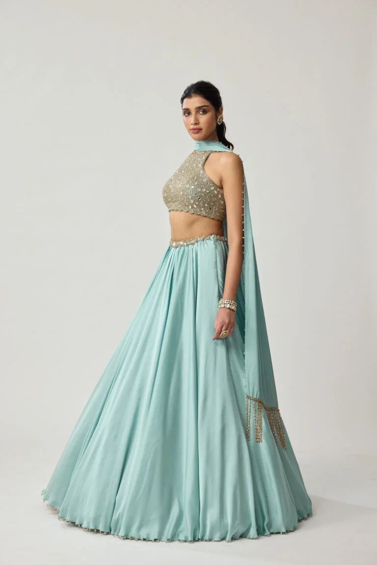 Powder Blue Mirror Satin Skirt Set