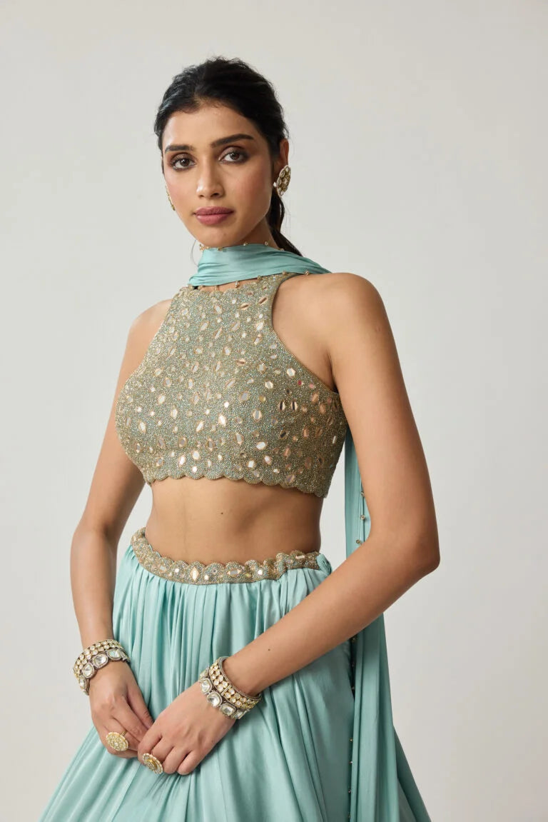 Powder Blue Mirror Satin Skirt Set