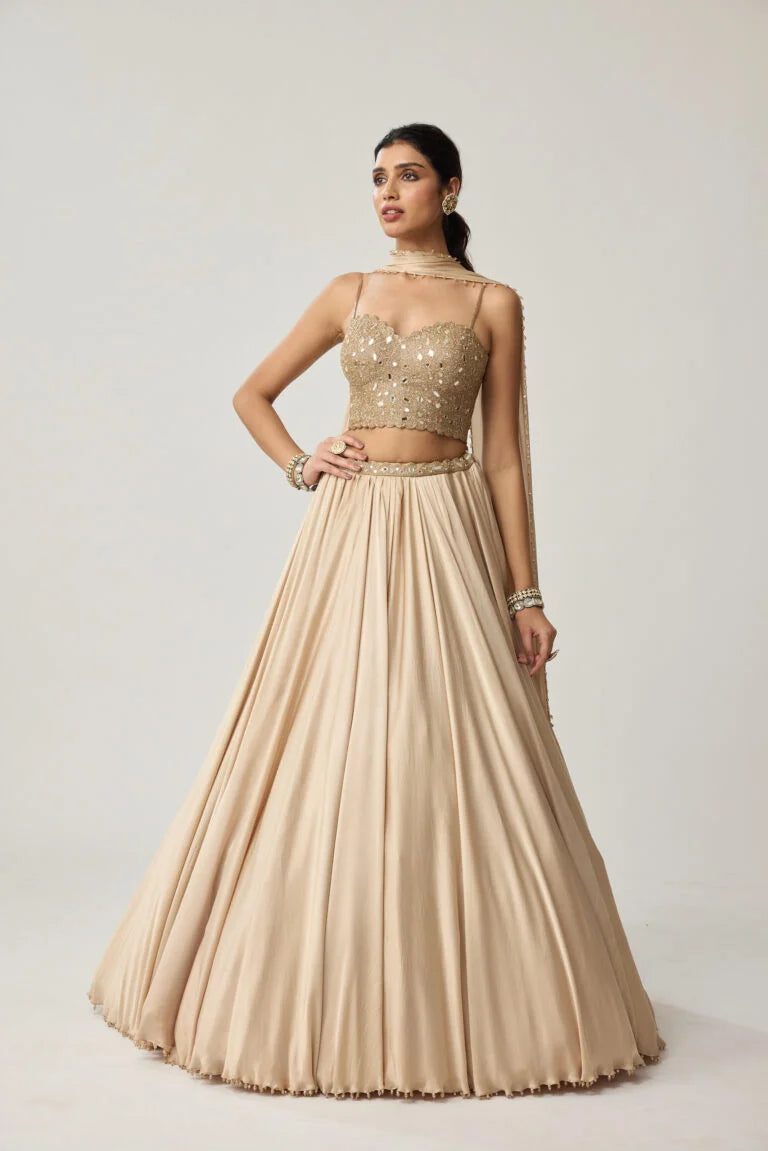 Light Beige Mirror Corset Satin Skirt Set