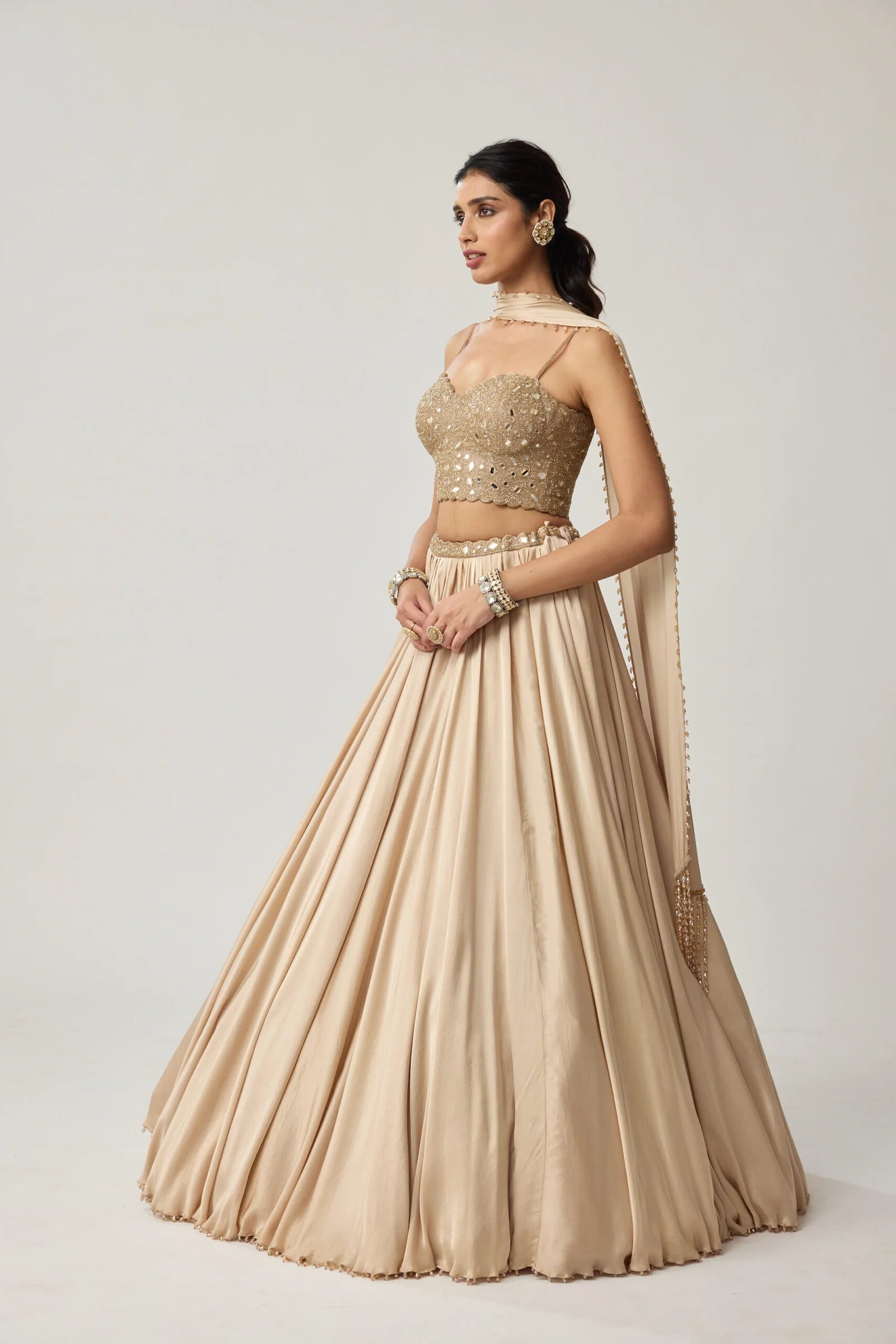 Light Beige Mirror Corset Satin Skirt Set