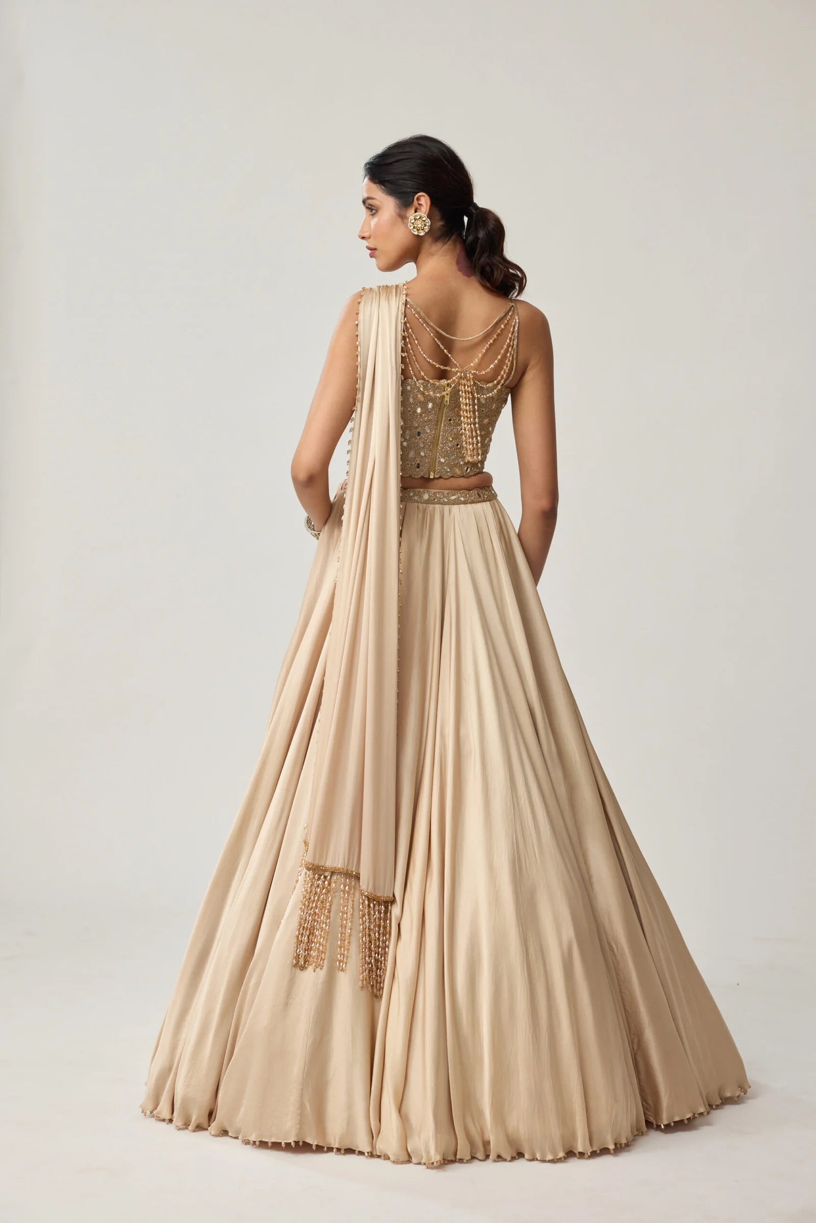 Light Beige Mirror Corset Satin Skirt Set
