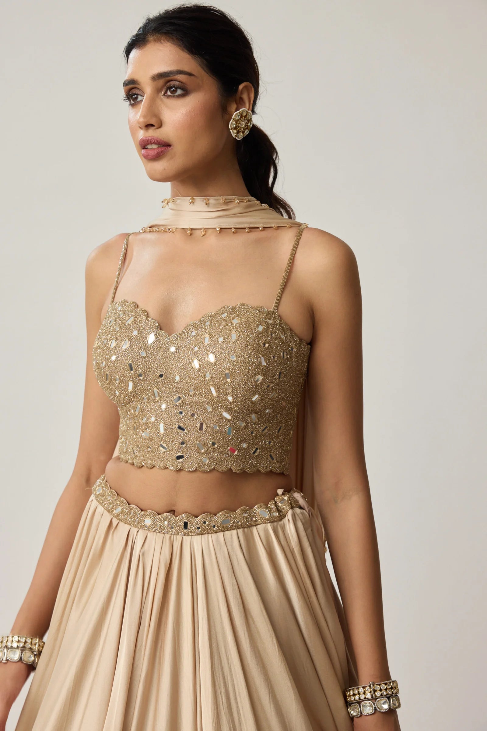 Light Beige Mirror Corset Satin Skirt Set