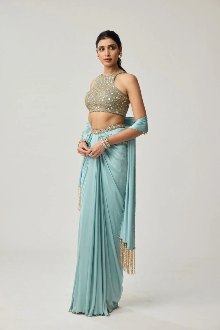 Powder Blue Mirror Satin Draped Skirt Set