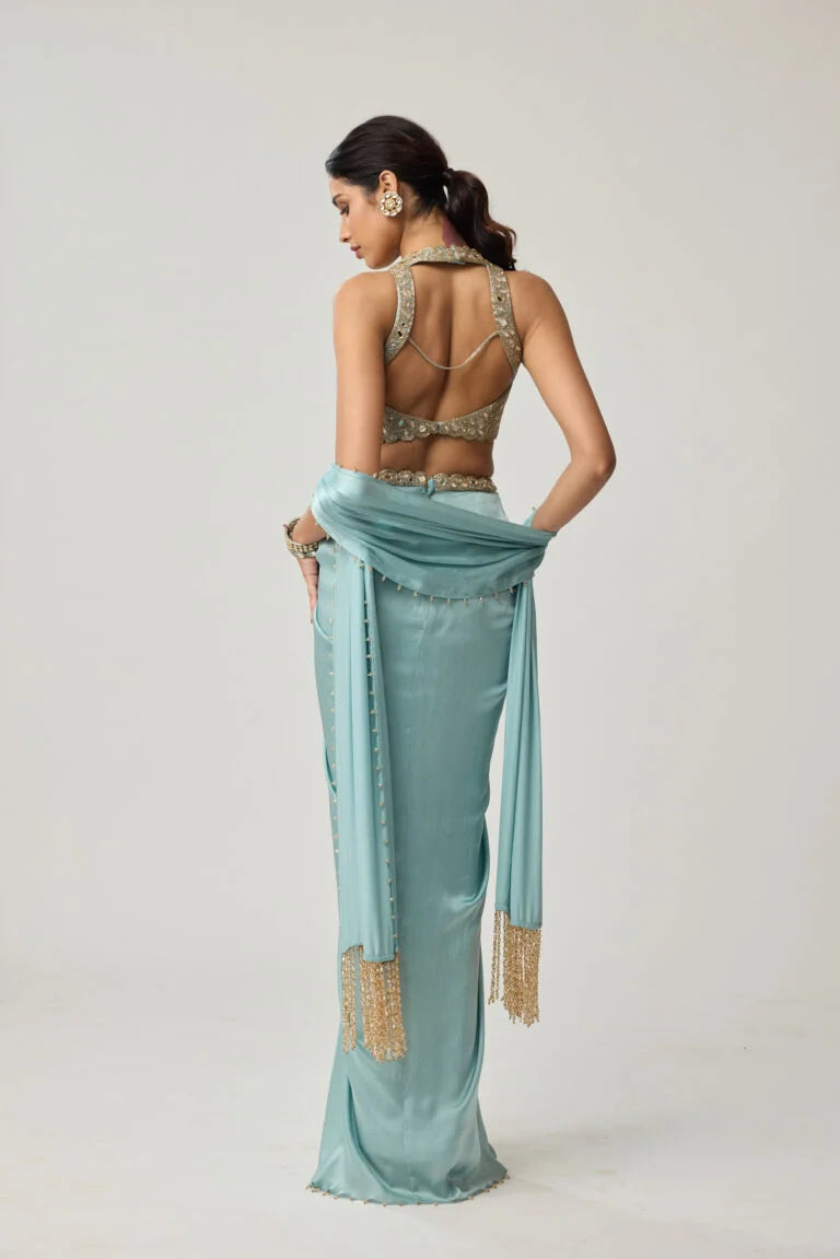 Powder Blue Mirror Satin Draped Skirt Set