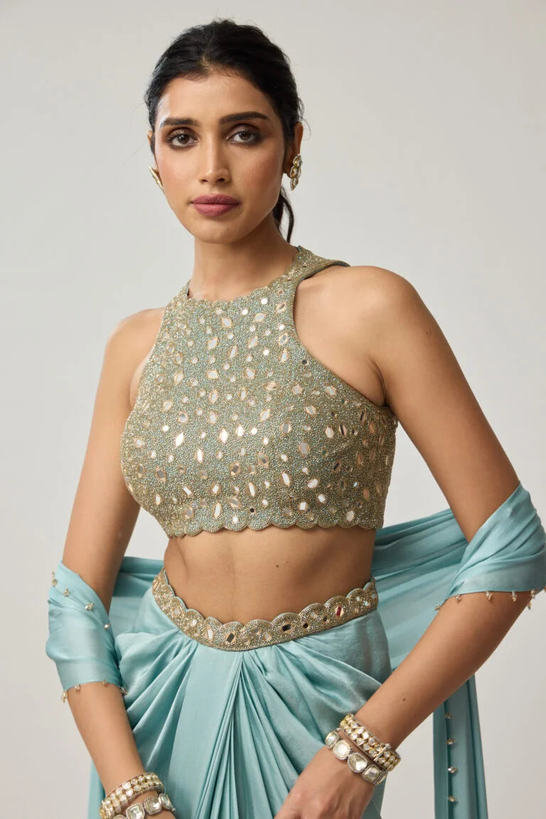 Powder Blue Mirror Satin Draped Skirt Set
