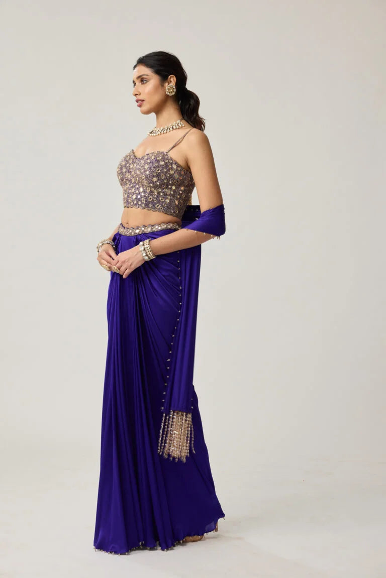 Persian Blue Mirror Corset Satin draped skirt Set