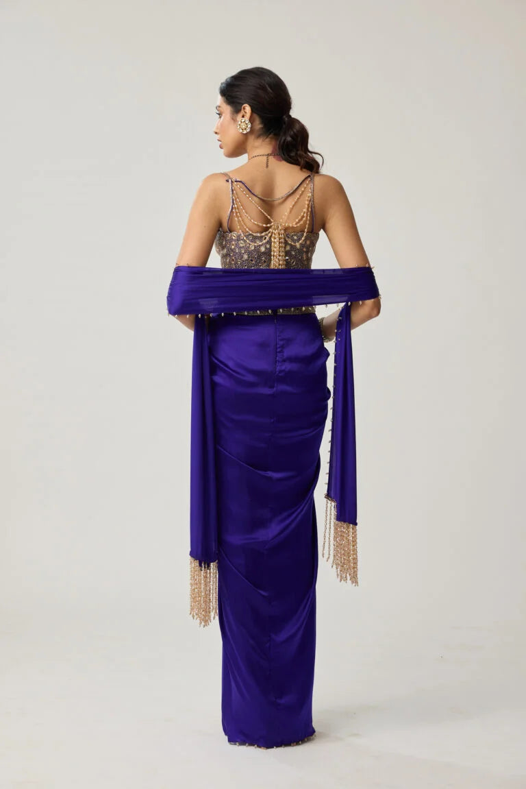 Persian Blue Mirror Corset Satin draped skirt Set