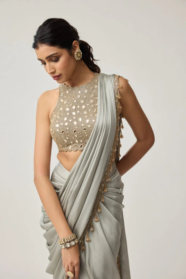 Powder Grey Mirror Satin Saree Set