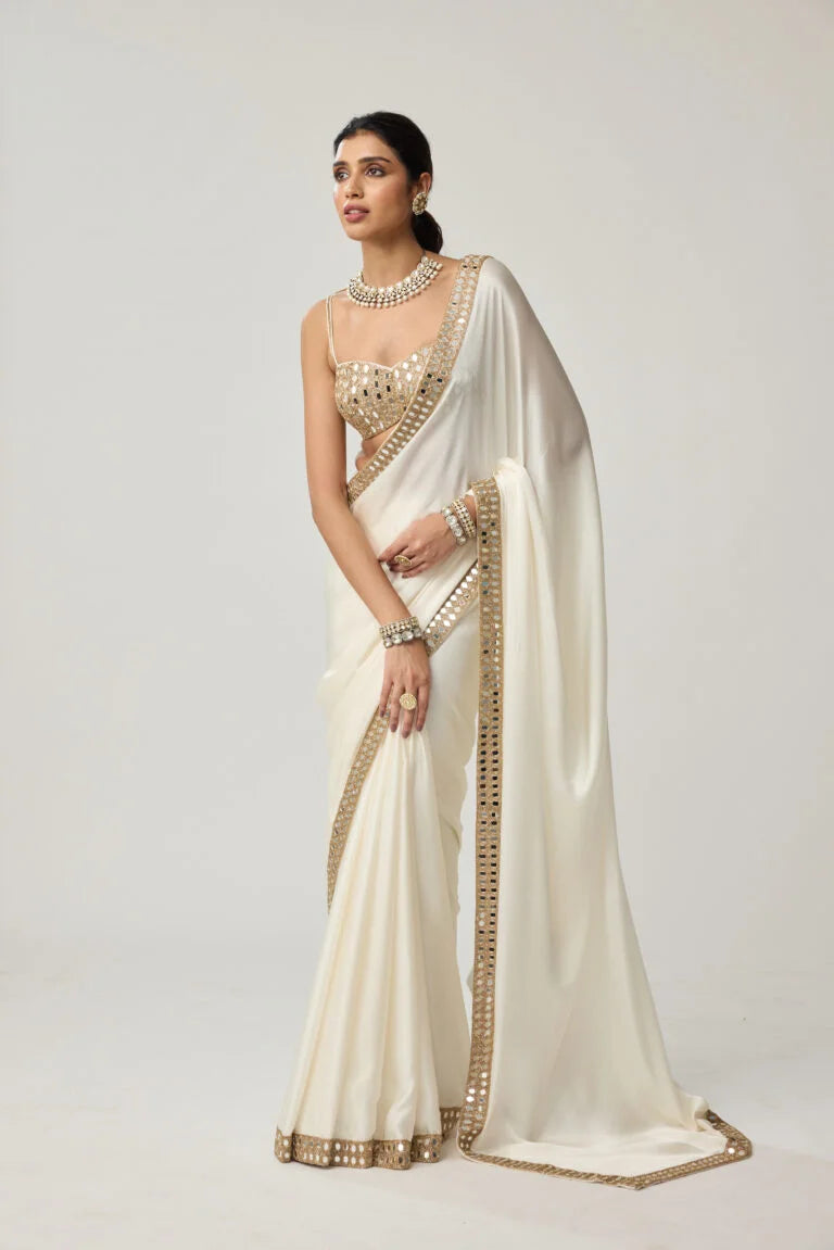 Off White Mirror Satin Saree Set